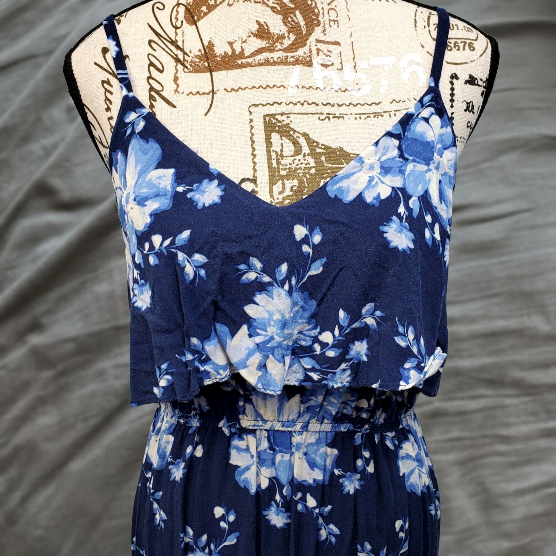 Vintage LC Lauren Conrad Maxi Dress Womens M Blue White Floral Cinch Waist Tiered Bodice Dress Size M / US 6-8 / IT 42-44 - 1 Thumbnail