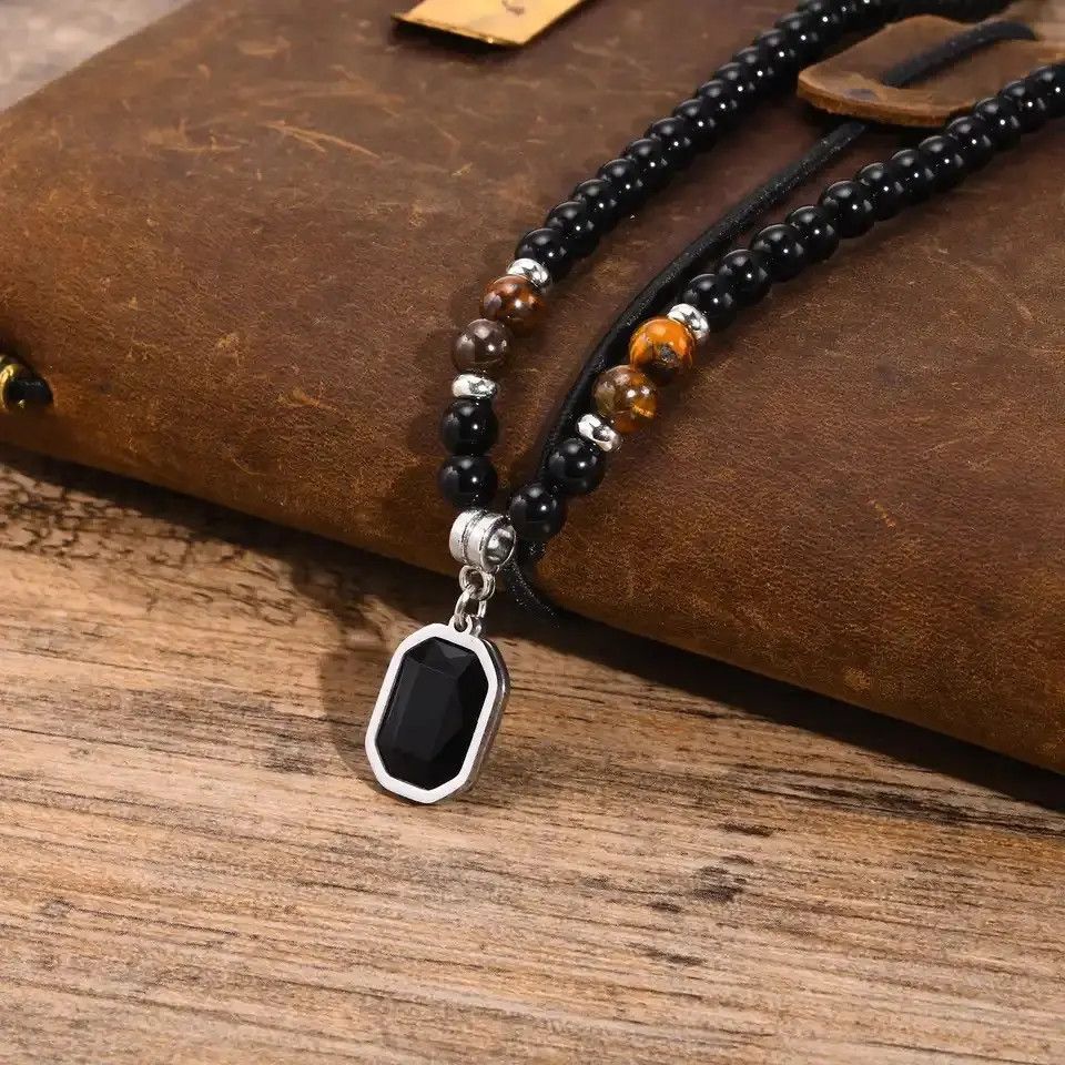 Jewelry × Vintage Mens Geometric Charm Necklaces, Black Beaded Tier Eye Stone Size ONE SIZE - 1 Thumbnail