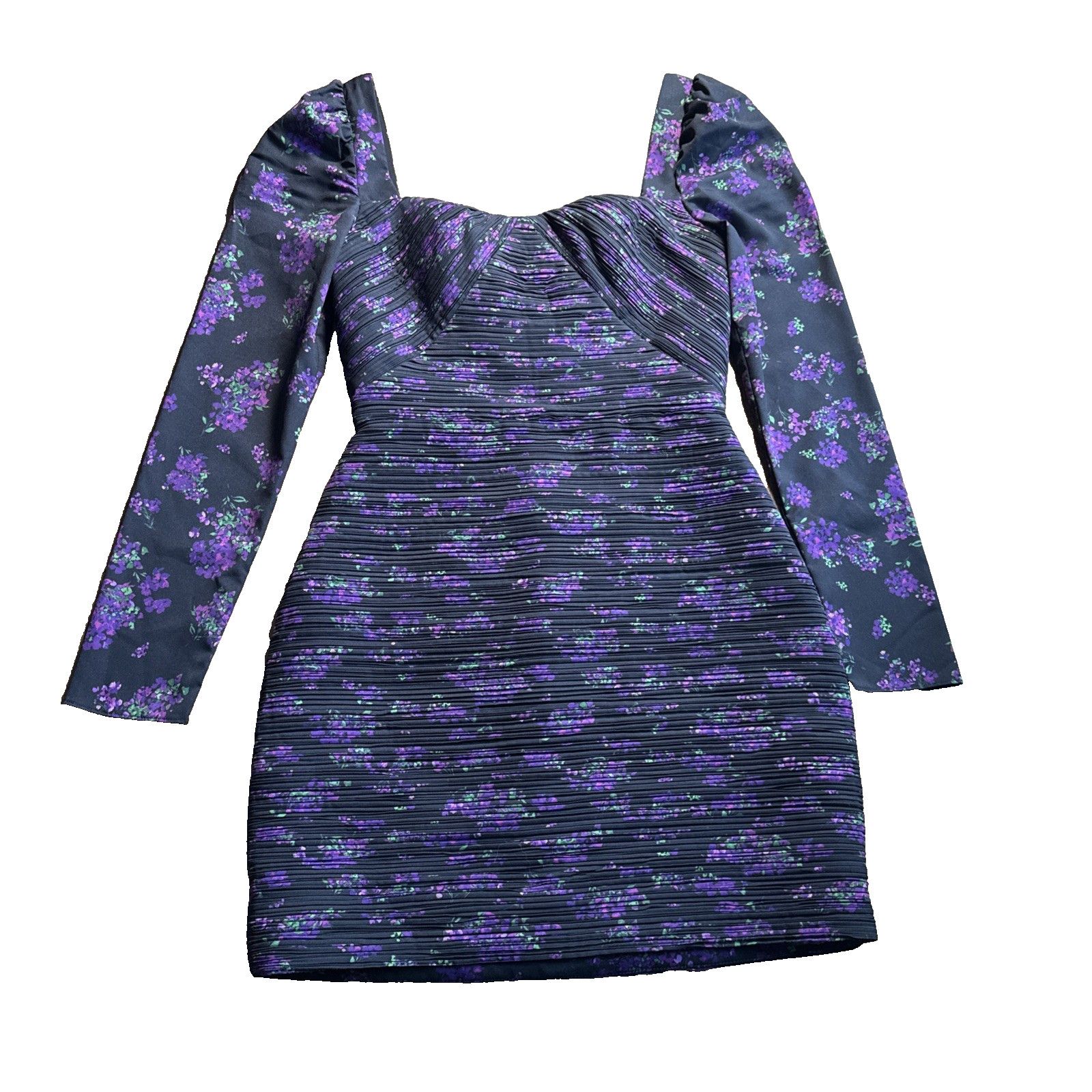 Amur Amur Giulia Black Purple Pleated Floral Print L/S Mini 0 Size XS / US 0-2 / IT 36-38 - 2 Thumbnail