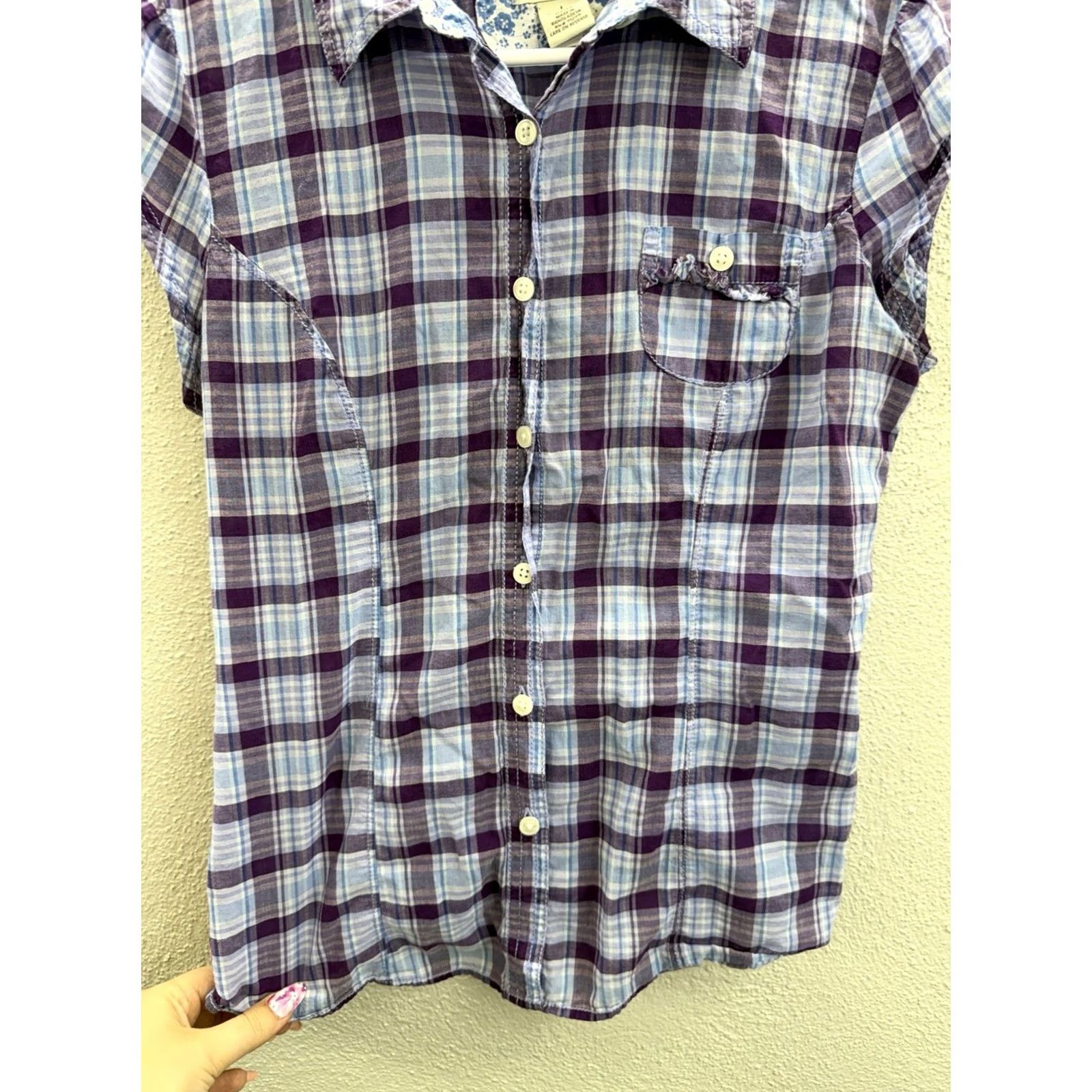 Vintage SO Blouse Shirt Purple Plaid Cap Sleeve Collared 2000s Y2K Women Regular L XS? Size L / US 10 / IT 46 - 5 Thumbnail
