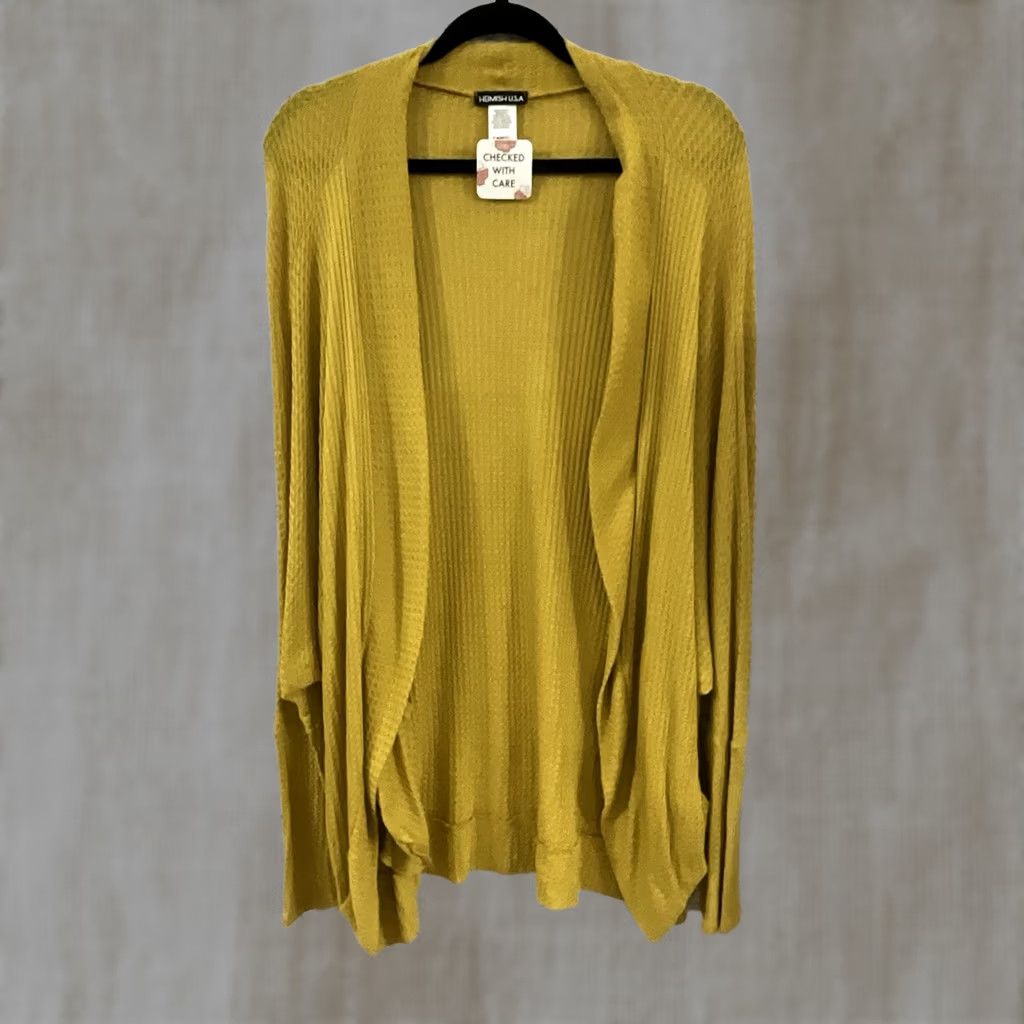 Vintage Hemish USA L Yellow Open Cardigan Women's Cardigan L Yellow Striped Roll Tab Sleeve Pockets Open Front Size L / US 10 / IT 46 - 1 Thumbnail