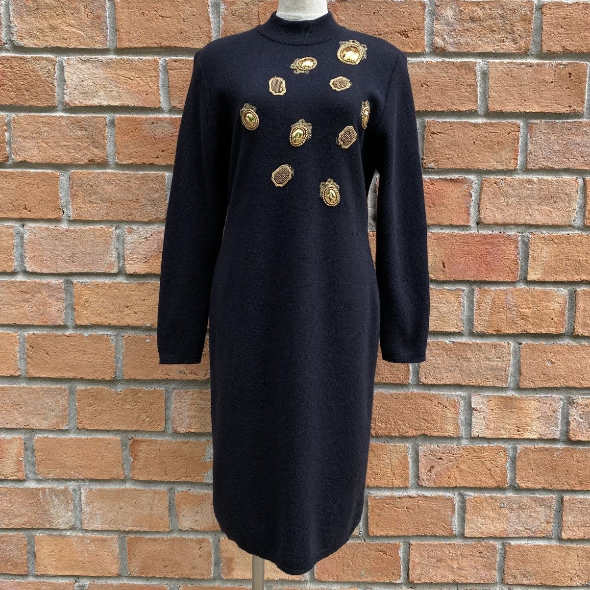 Dior Vintage Christian Dior Black Wool Dress Gold Embellishments Size M / US 6-8 / IT 42-44 - 13 Thumbnail