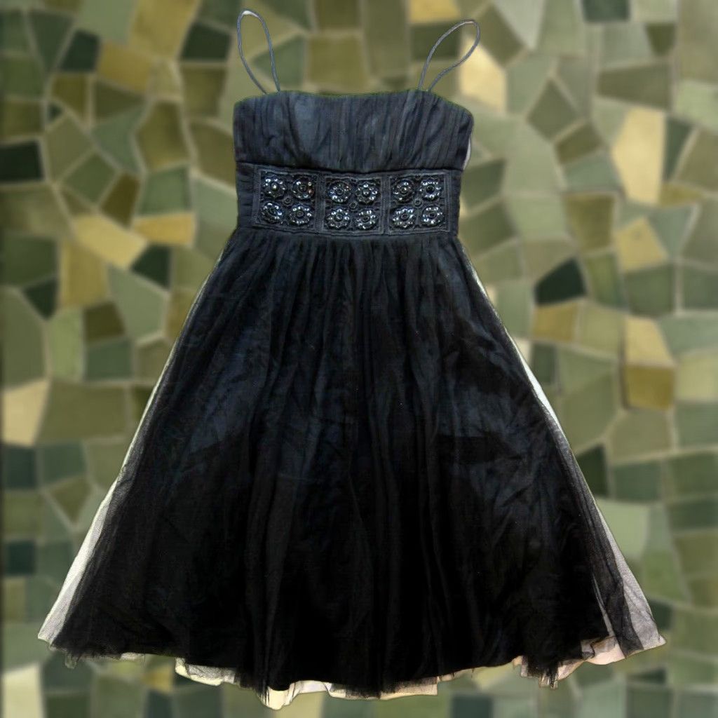 Vintage VINTAGE Betsy & Adam Linda Bernell Black Lace Beaded Ruched Spaghetti Strap Dress Small Size S / US 4 / IT 40 - 1 Thumbnail
