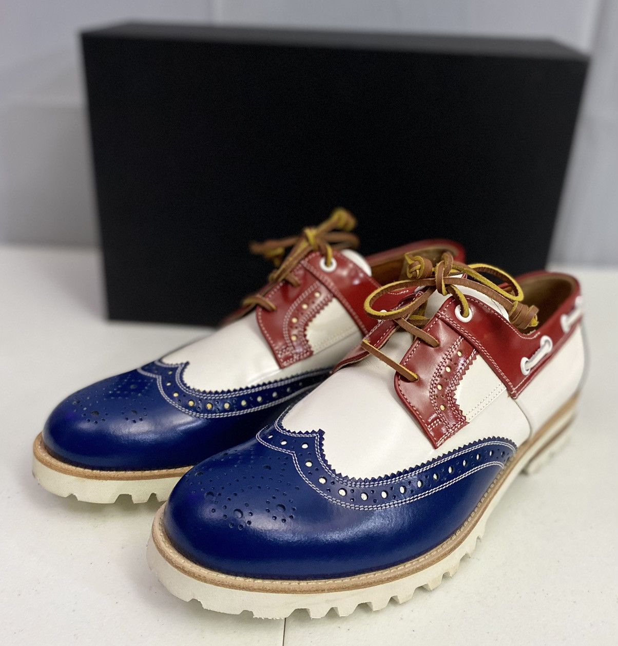 Dsquared2 🇮🇹 R/W/B Leather Handmade Brogue Boat Shoes 8.5 NEW