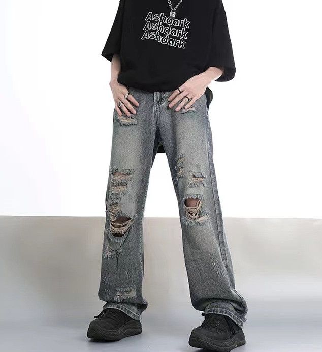 Japanese Brand Distressed men's hip-hop loose straight washed ripped jeans Size US 32 / EU 48 - 2 Thumbnail