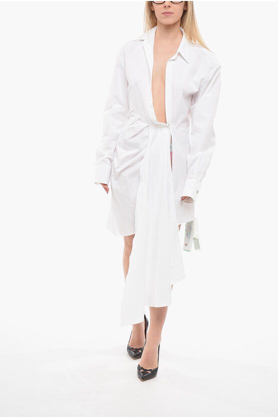image of Off White Long Sleeved Bow Shirt Dress With Draping in White, Women's (Size XS)