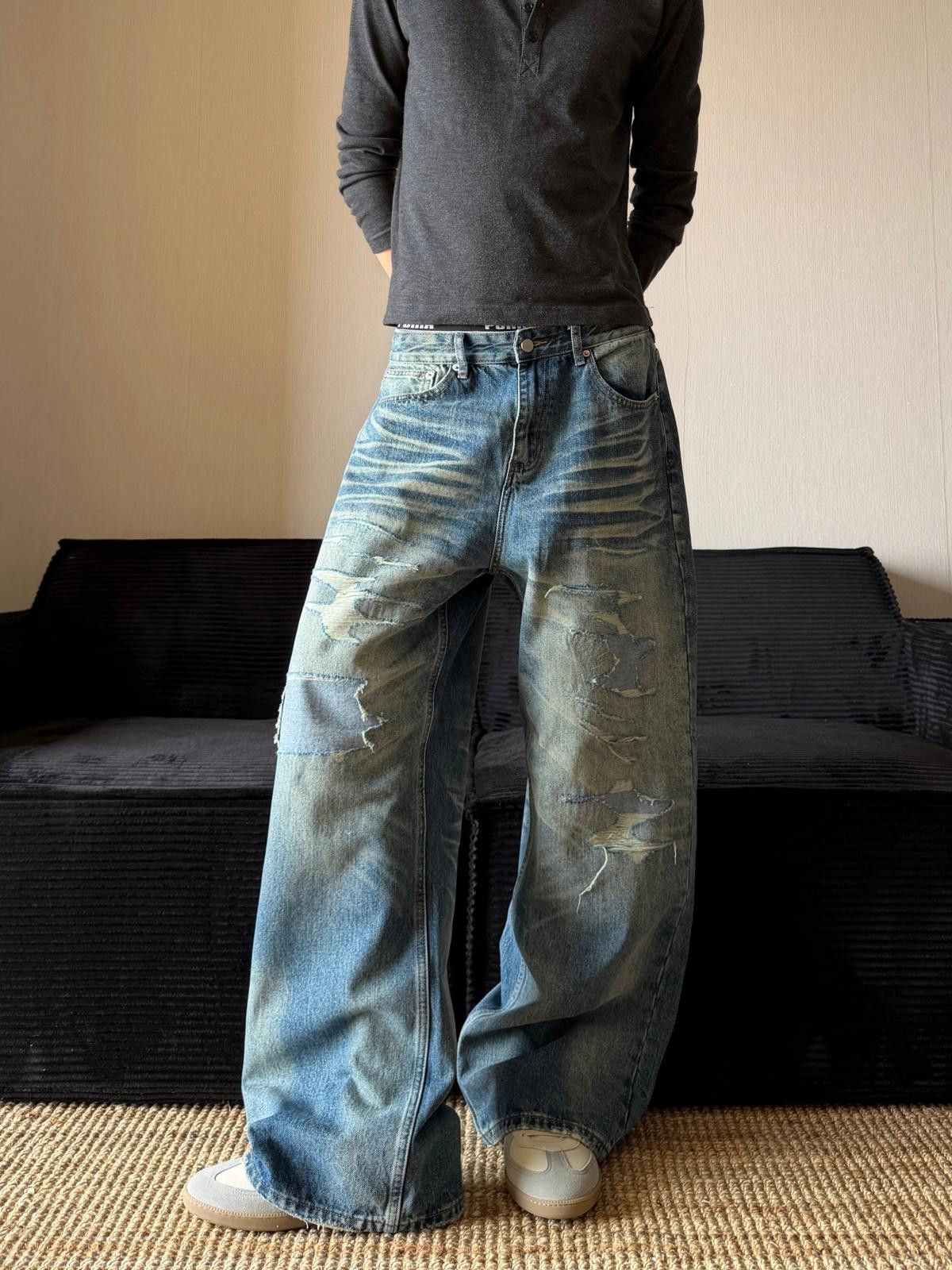 Vintage Blue Distressed Wide Leg Jeans, Baggy Denim Pants Size US 30 / EU 46 - 4 Thumbnail