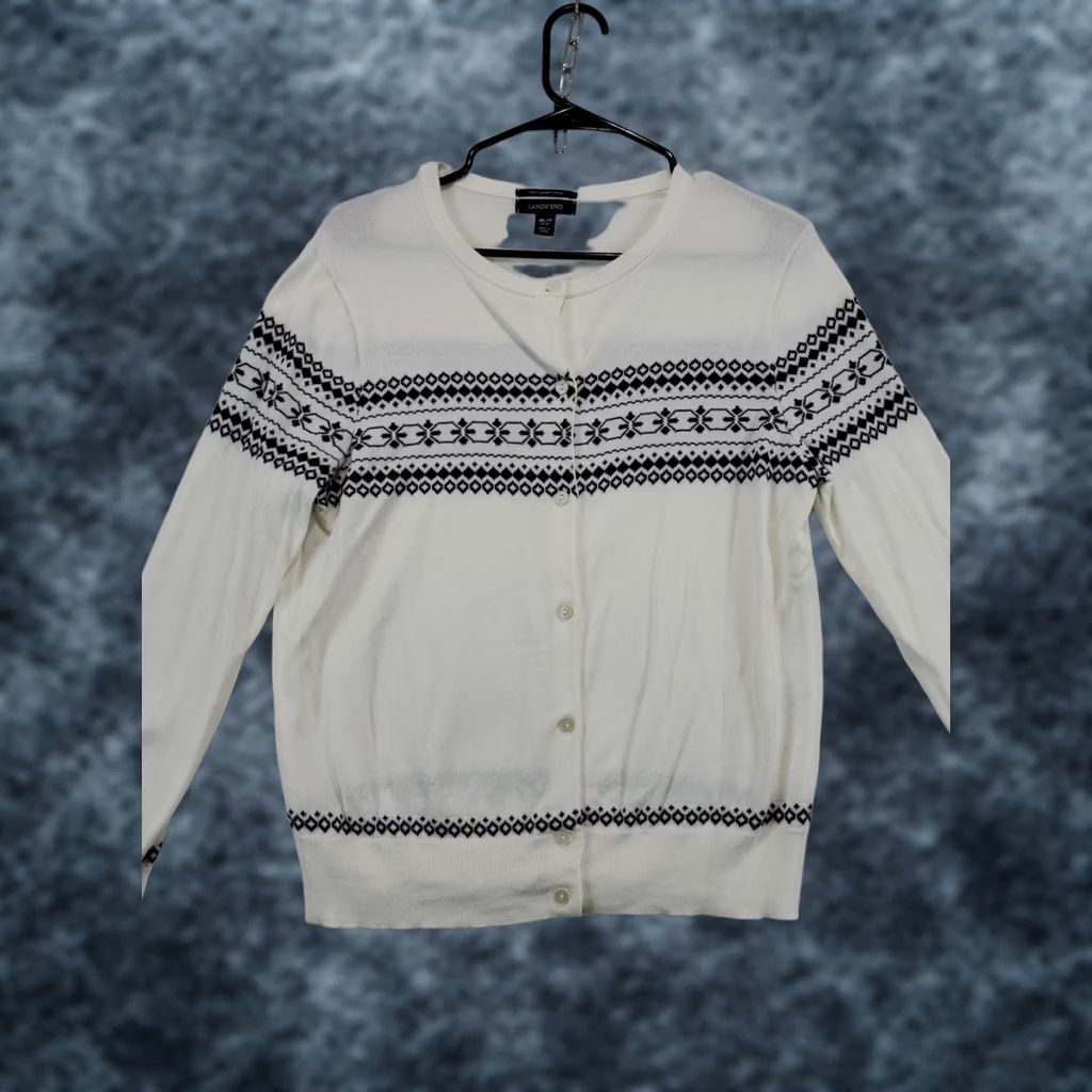 Lands' End VINTAGE Lands' End Womens Cardigan Sweater Nordic Full Button White Supima M Petite Holiday Christmas Nordic Ski Womens Size M / US 6-8 / IT 42-44 - 1 Thumbnail
