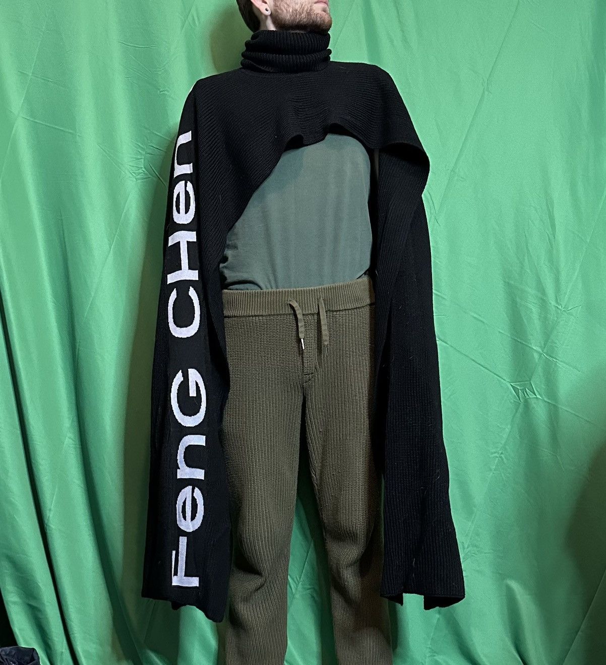 image of Feng Chen Wang $600 Knit Logo Turtleneck Bolero Scarf Sweater NWT in Black, Men's (Size Medium)