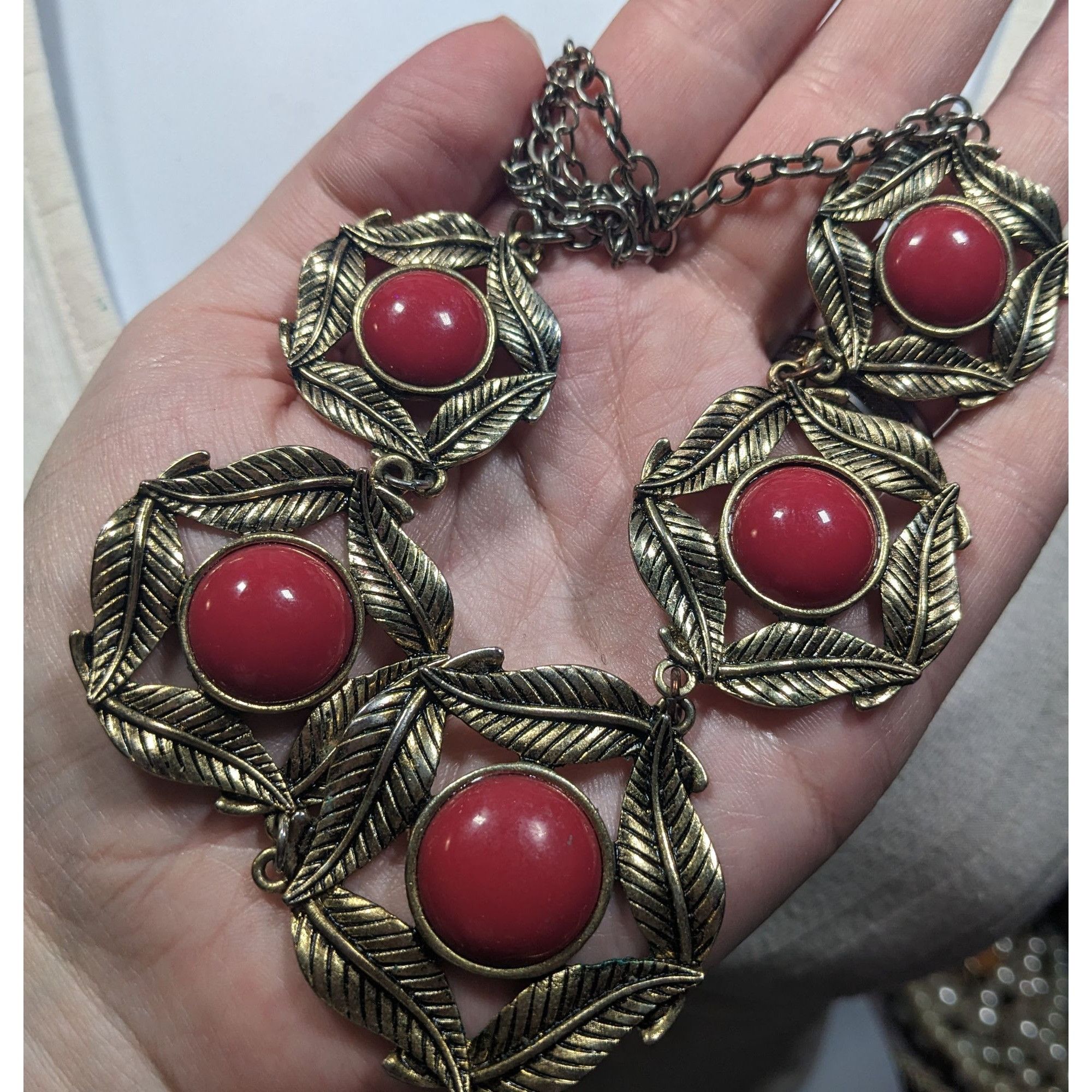 Other Floral Red And Gold Medallion Link Statement Necklace Size ONE SIZE - 3 Thumbnail