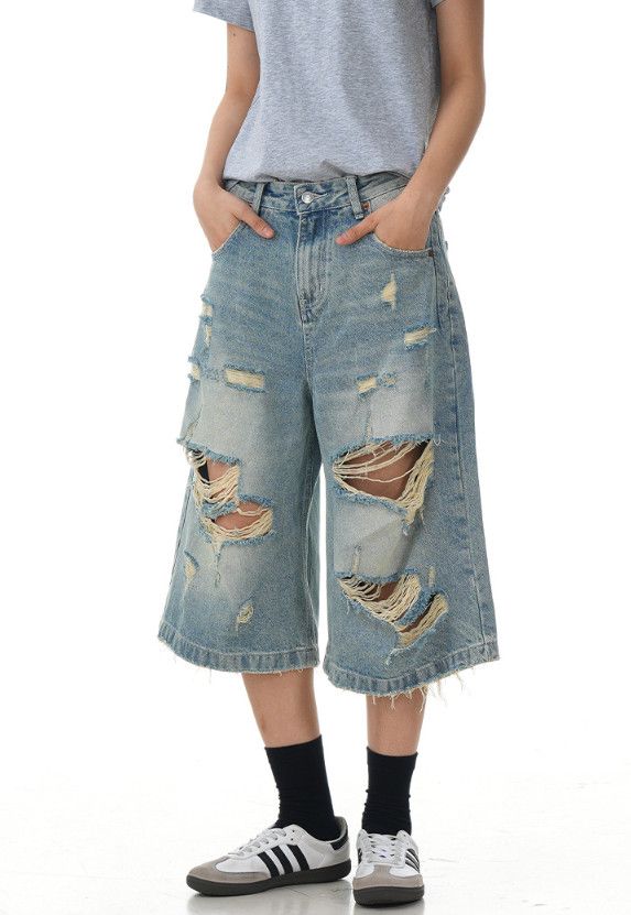 Vintage Men's washed distressed loose retro ripped denim shorts Size US 32 / EU 48 - 2 Thumbnail