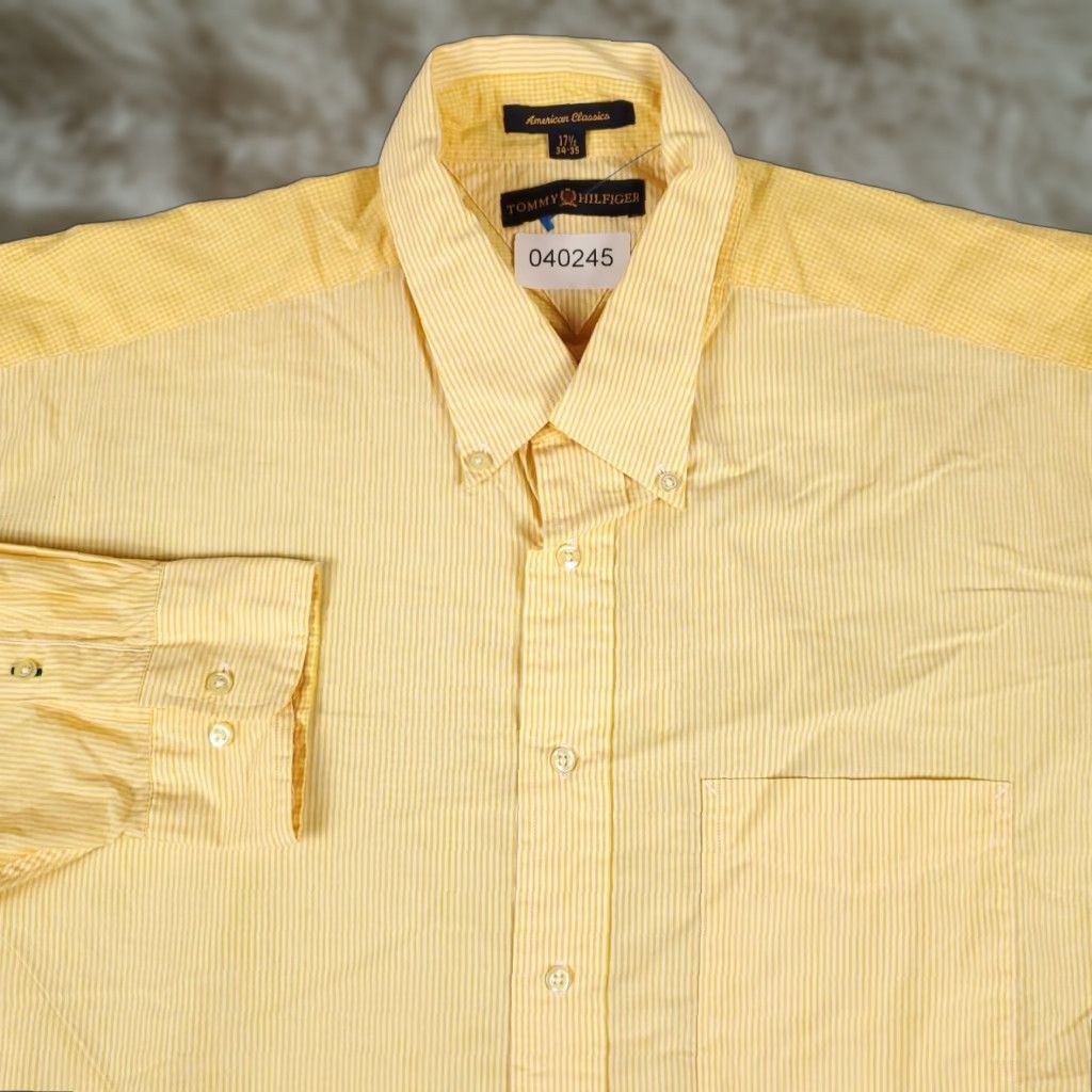Tommy Hilfiger VINTAGE Tommy Hilfiger Dress Shirt Mens 17.5 Yellow Striped  Button Up Long Sleeve Adult Regular 100% Cotton Modern Classic Mens |  Grailed
