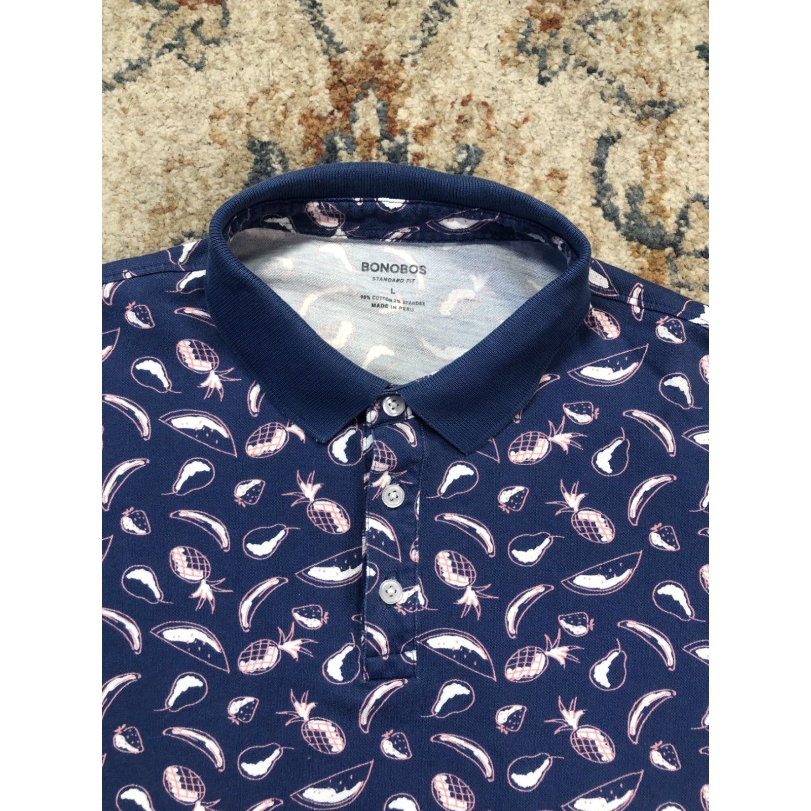 Bonobos Bonobos Polo Shirt Mens L Blue Tropical Fruit Print Short Sleeve Stretch Polo Shirt Casual Summer 98% Cotton 2% Spandex Regular Fit Graphic Print Size US L / EU 52-54 / 3 - 2 Thumbnail