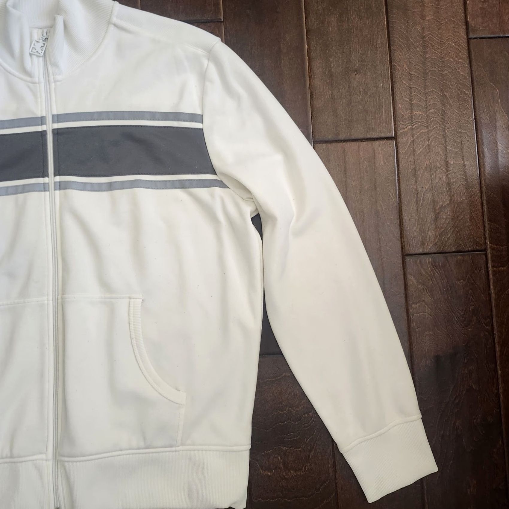 Express Express Mens White Full Zip Track Jacket Gray Stripe XL Adults Regular Size Jacket Womens Mens? Size US XL / EU 56 / 4 - 5 Thumbnail