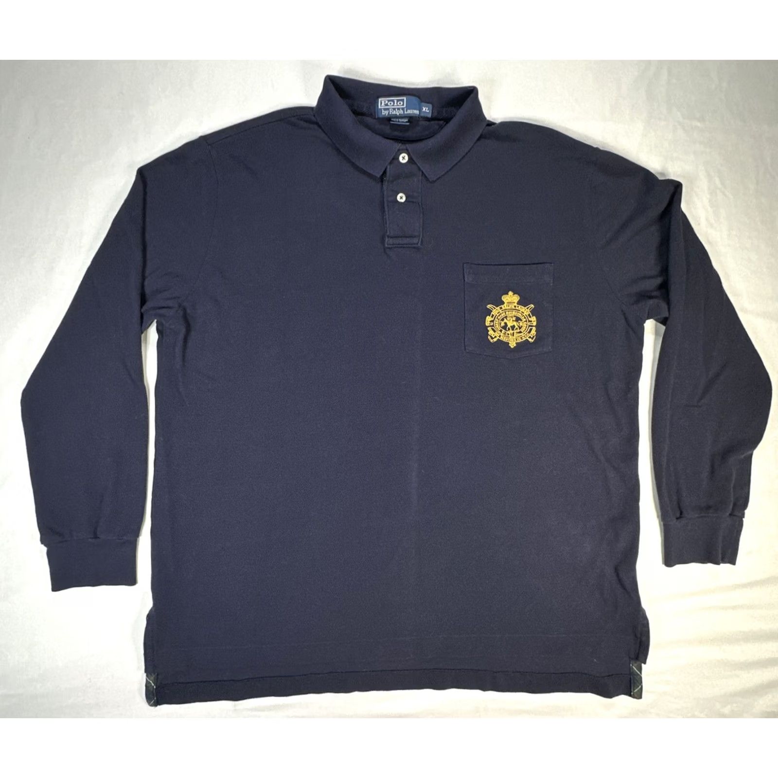 Polo Ralph Lauren VINTAGE Polo Ralph Lauren Shirt (Polo Ralph Lauren) Button-Up Long Sleeve Blue with Equestrian Logo Crest Pocket Mens XL (1/4 Button Polo) Size US XL / EU 56 / 4 - 2 Thumbnail