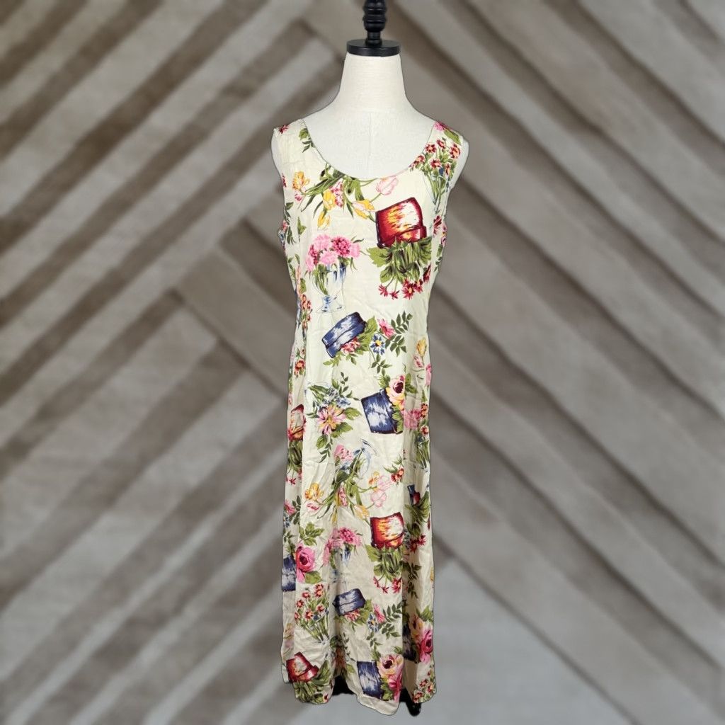 VINTAGE Express Maxi Dress Womens Medium Ivory Floral 90s Bohemian Summer  Sundress
