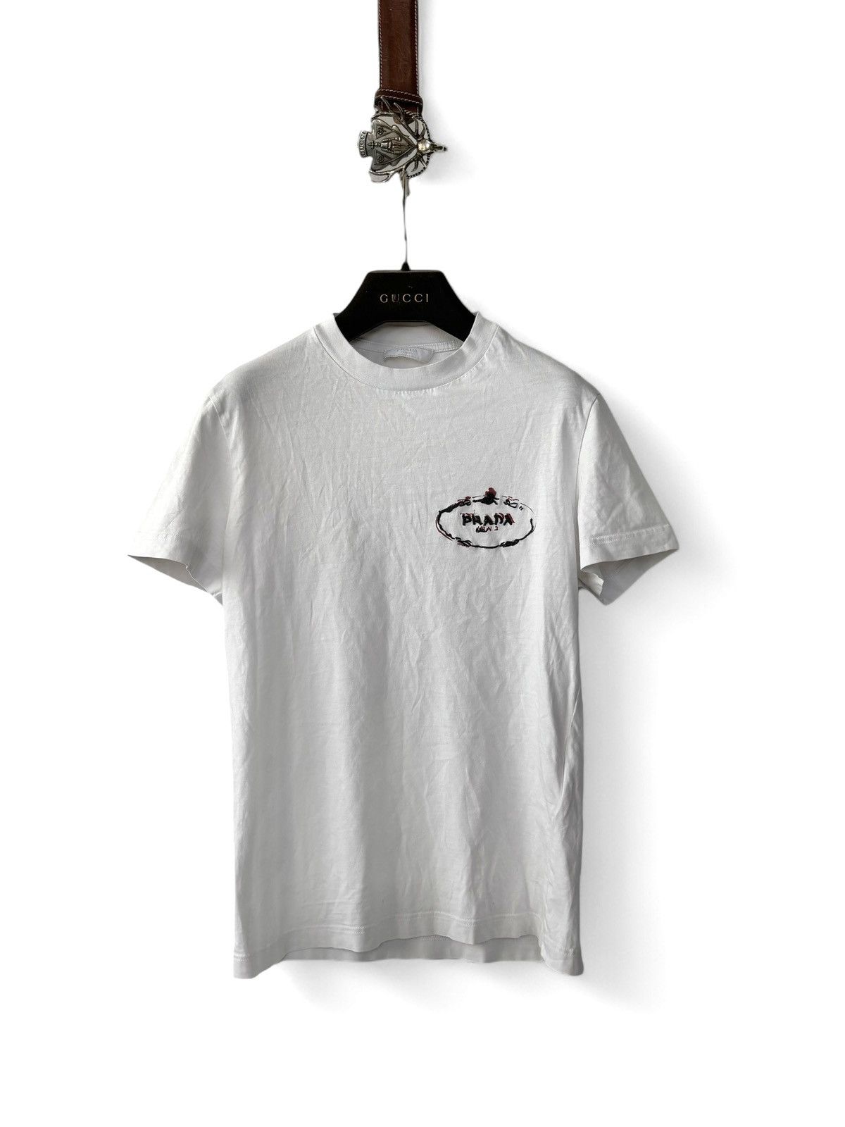 PRADA logo vintage t-shirt white SS25 新作 ★ Vintage Prada White T-shirt With Red Logo Shirt Size M - Etsy