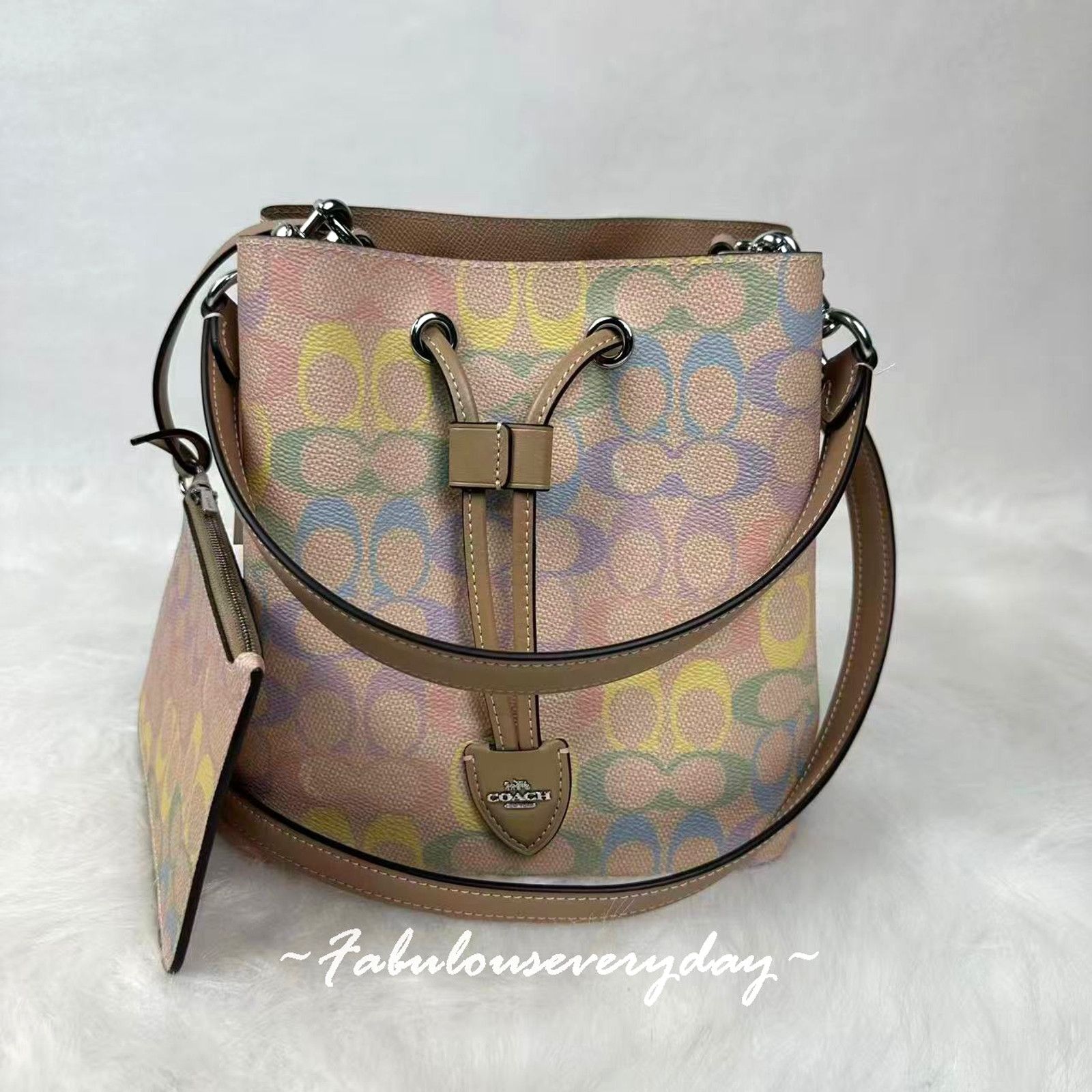Coach Rowan Bucket Bag Crossbody Rainbow Sig Canvas/sand in Brown, Women's
