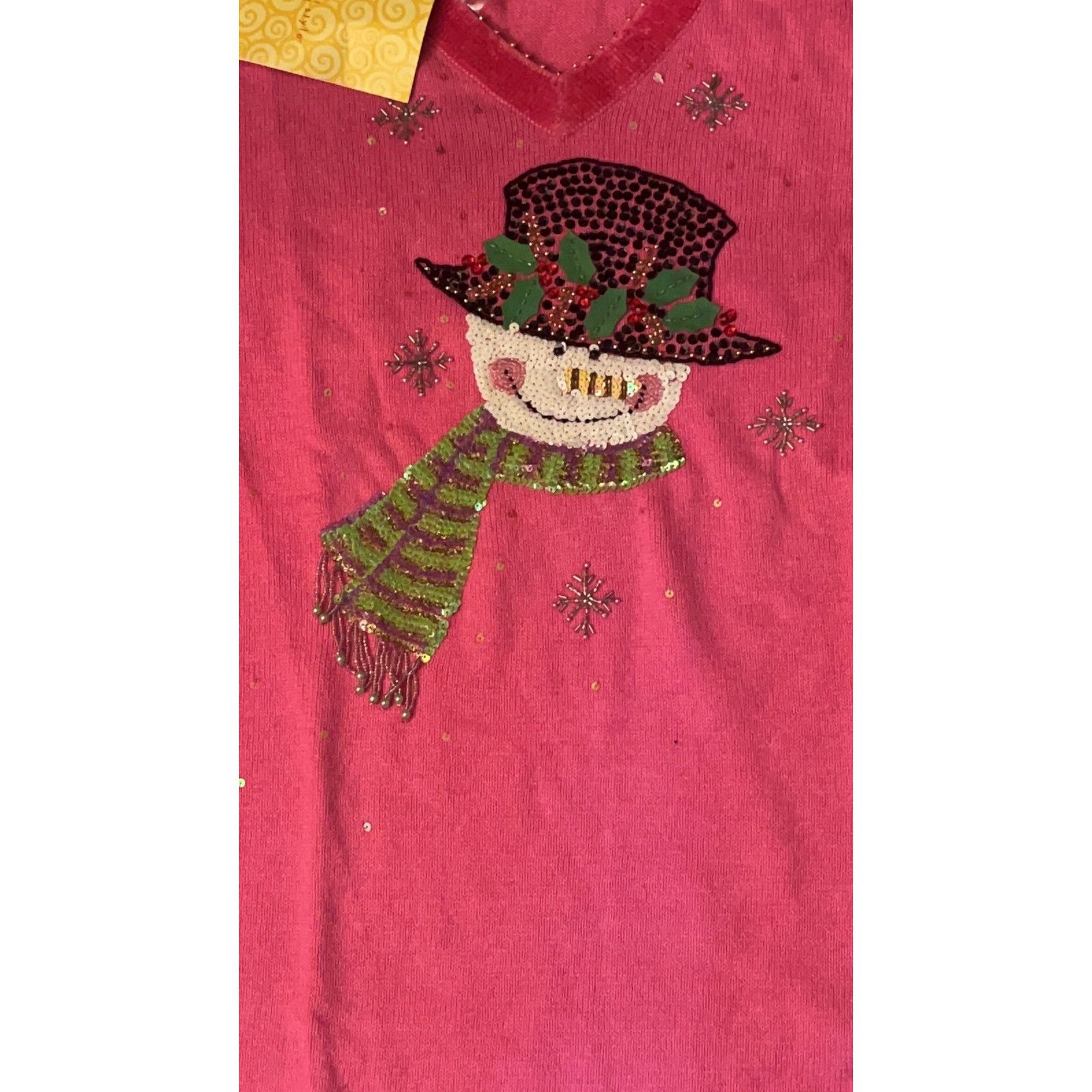 Other Vintage Quacker Factory Pink Snowman V-Neck Sweater - 1X Size XL / US 12-14 / IT 48-50 - 3 Thumbnail