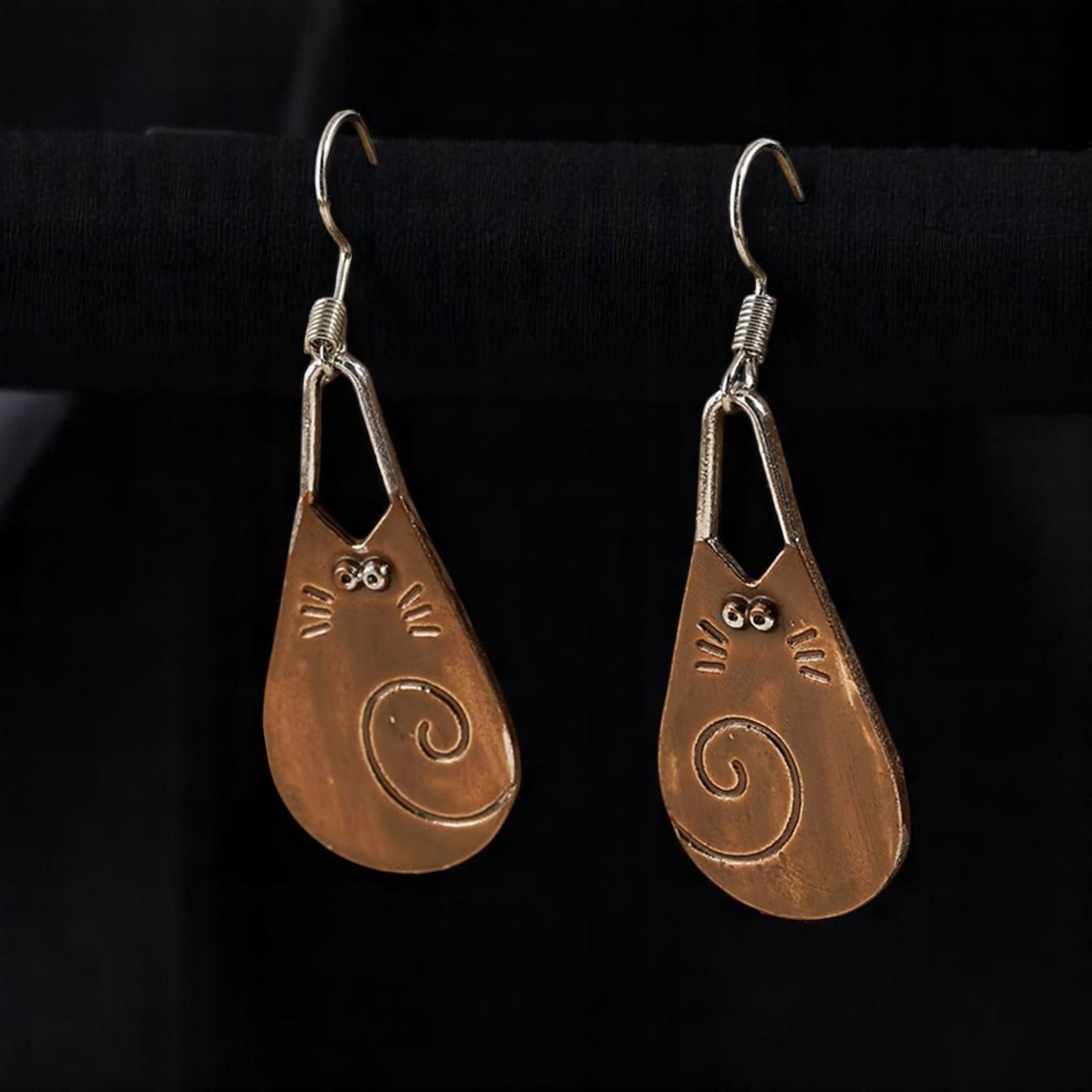 Designer Copper Cat Dangle Earrings Hooks Minimalist Design Size ONE SIZE - 5 Thumbnail