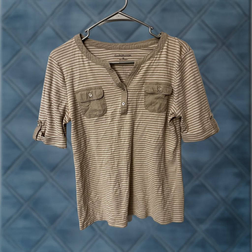 Croft & Barrow Croft & Barrow Shirt Womens M Brown Striped Cotton Henley Neck Roll Tab Sleeve Casual Easy Care Size M / US 6-8 / IT 42-44 - 1 Thumbnail