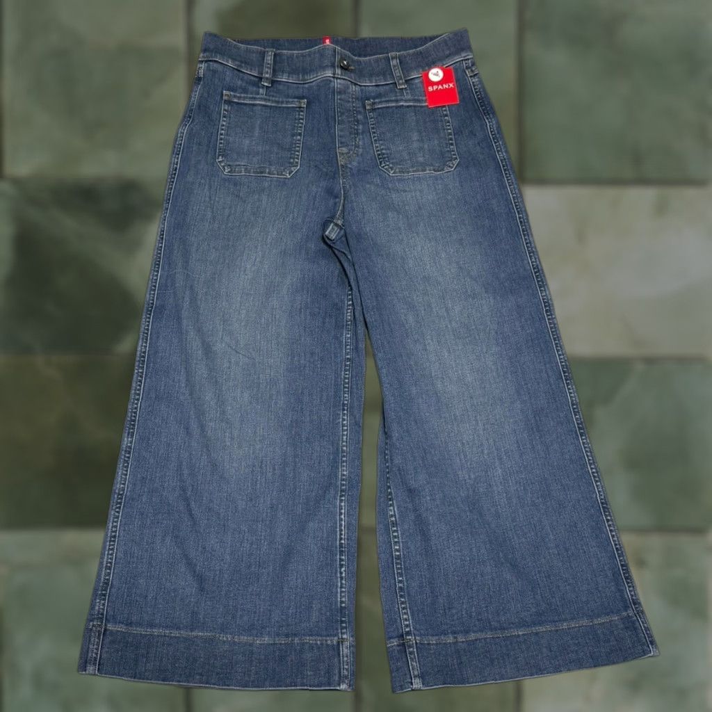 SPANX Women's Petite Large Blue Wide Leg Crop Jeans Pull-On Denim