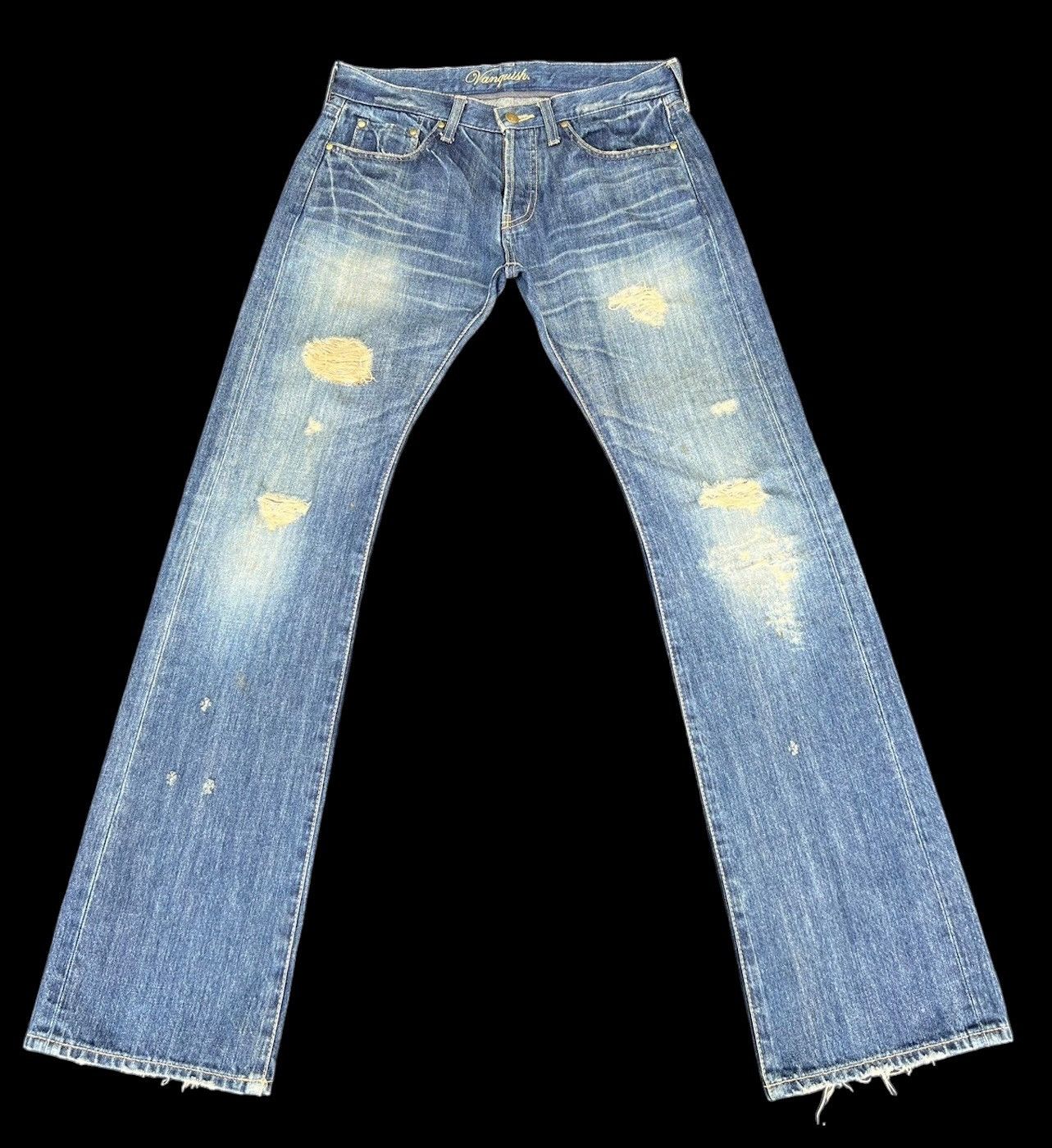 Vintage Vintage Vanquish Gold Japan Rips Mud Denim Dirty Flare Jeans Size US 29 - 1 Thumbnail