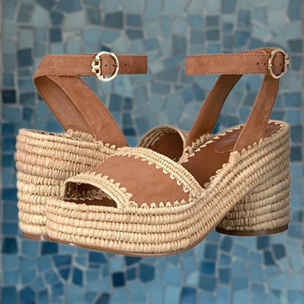 Tory Burch Tory Burch Arianne 90mm Raffia Platform Sandal Tan Suede Ankle Strap Women US 8 Size US 8 / IT 38 - 1 Thumbnail
