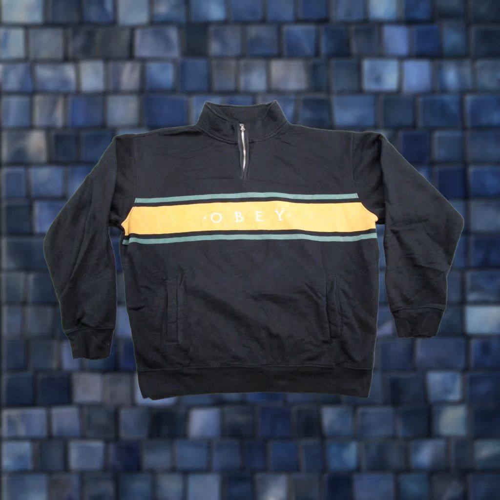 Obey OBEY Mens Sweatshirt Pullover 1/4 Zip Crew neck Long Sleeve Multicolor Fleece Cotton Embroidered Striped Size L Sports Style Mens Size US L / EU 52-54 / 3 - 1 Thumbnail