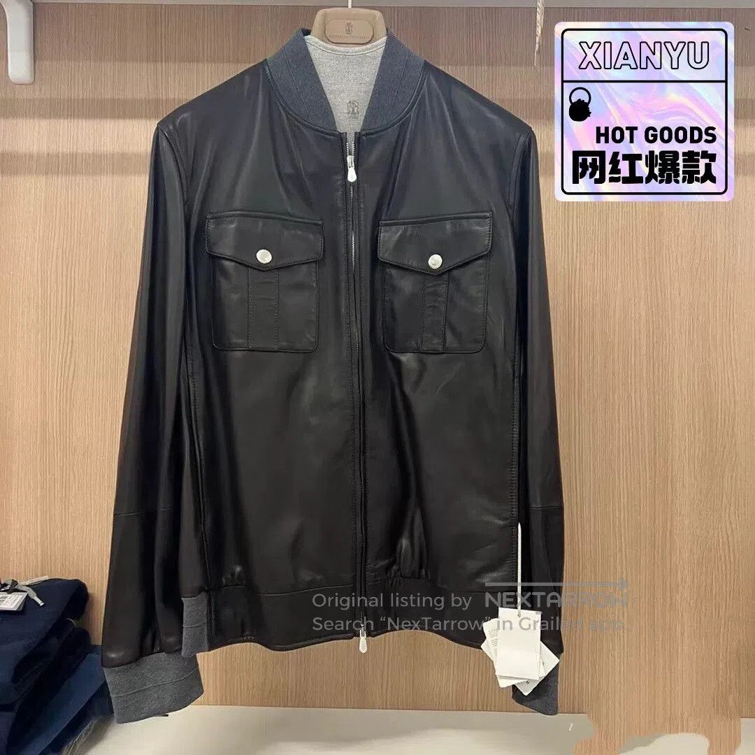 Brunello Cucinelli black lambskin jacket with gray knit collar. Size US M / EU 48-50 / 2 - 1 Thumbnail