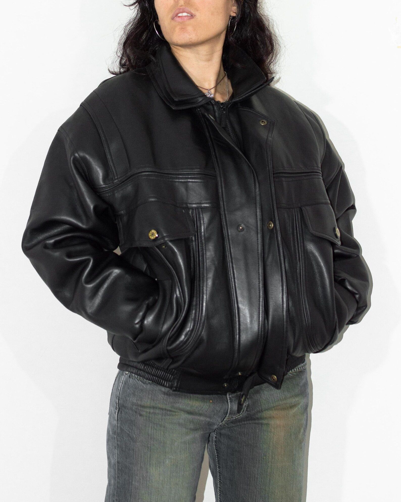 Streetwear × Vintage Vintage 90s Black Collared Fake Leather 