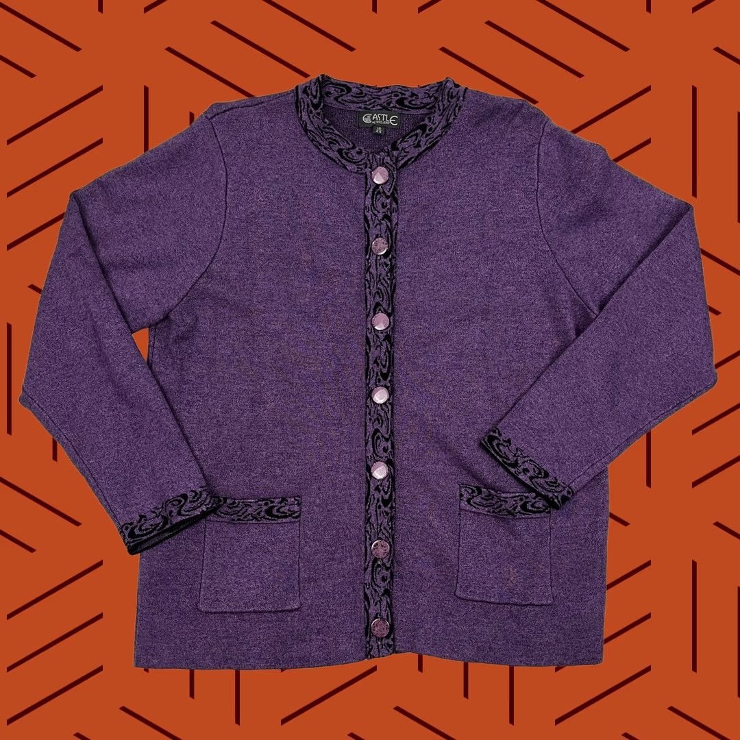 Vintage VINTAGE Castle of Ireland Cardigan Sweater Womens UK 18 44 Purple Wool Blend Patterned Size L / US 10 / IT 46 - 1 Thumbnail
