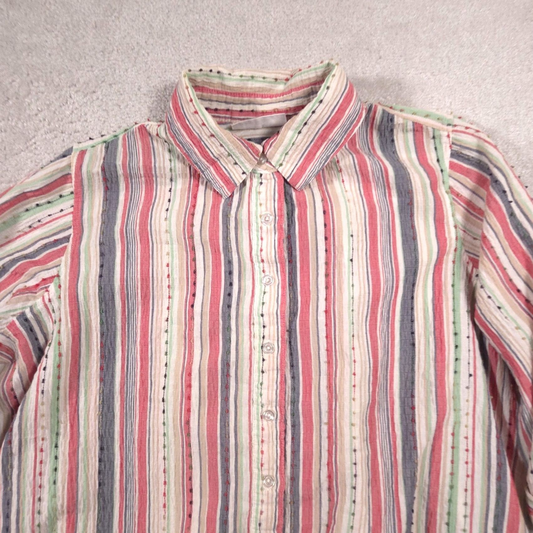 Vintage Breckenridge Shirt Womens 1X Multi Stripe Button Front Roll Tab 3/4 Sleeve Top Size XL / US 12-14 / IT 48-50 - 3 Thumbnail