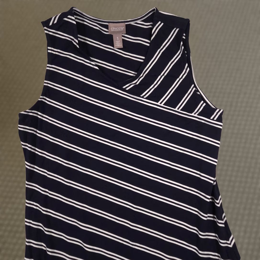 Vintage Chico's Maxi Dress Women's 1 Blue Stripe Asymmetrical Hem Sleeveless Pullover Size XS / US 0-2 / IT 36-38 - 1 Thumbnail