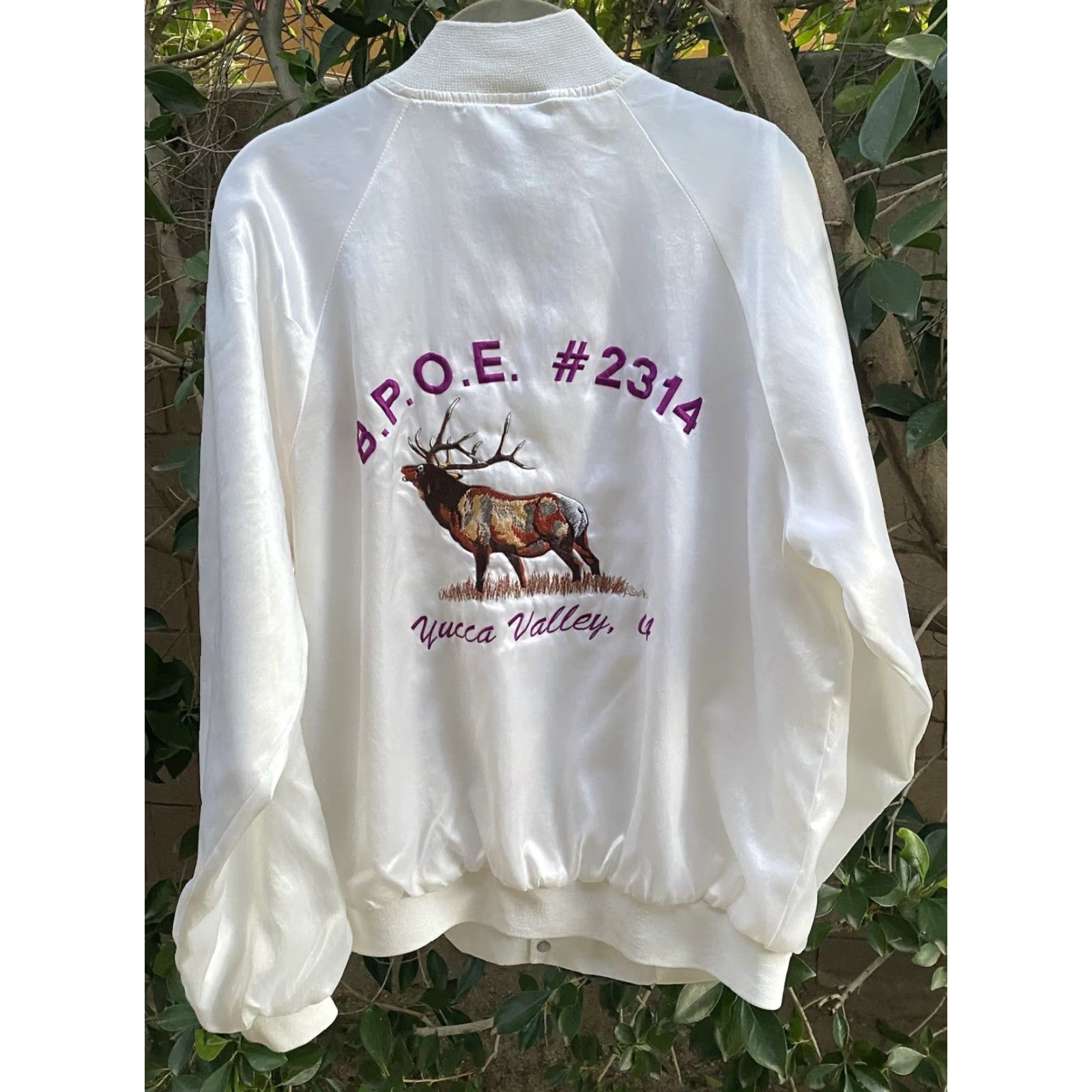 Vintage VINTAGE Hartwell Sports Jacket Elks Bomber Satin Satin Jacket White USA Large L Men Stand-Up Collar Embroidered Yucca Valley CA Elk Sports Vintage Size US L / EU 52-54 / 3 - 3 Thumbnail