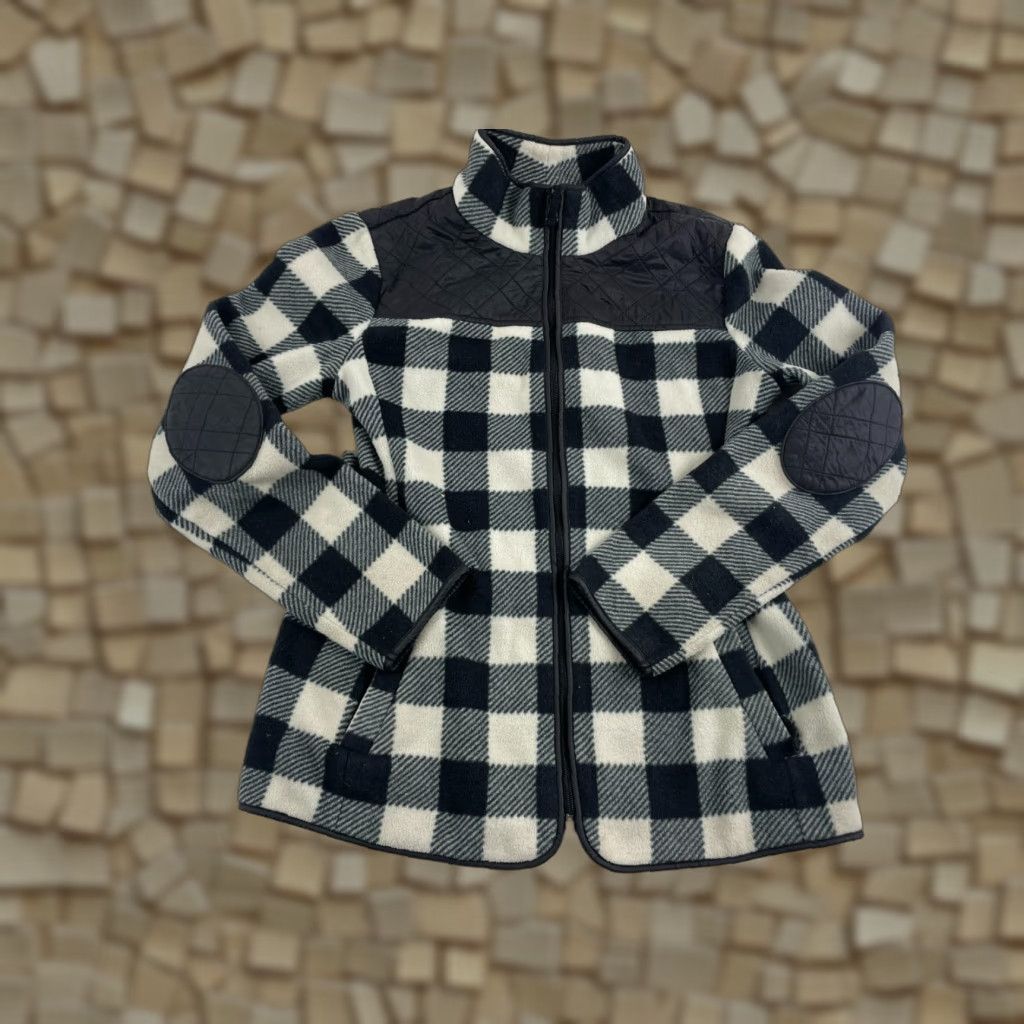 Talbots Talbots Sweater Women's XS Cream Black Fleece Full Zip Quilted Elbow Pads Plaid Modern Classic Womens XS Pullover Pattern: Plaid Size XS / US 0-2 / IT 36-38 - 1 Thumbnail