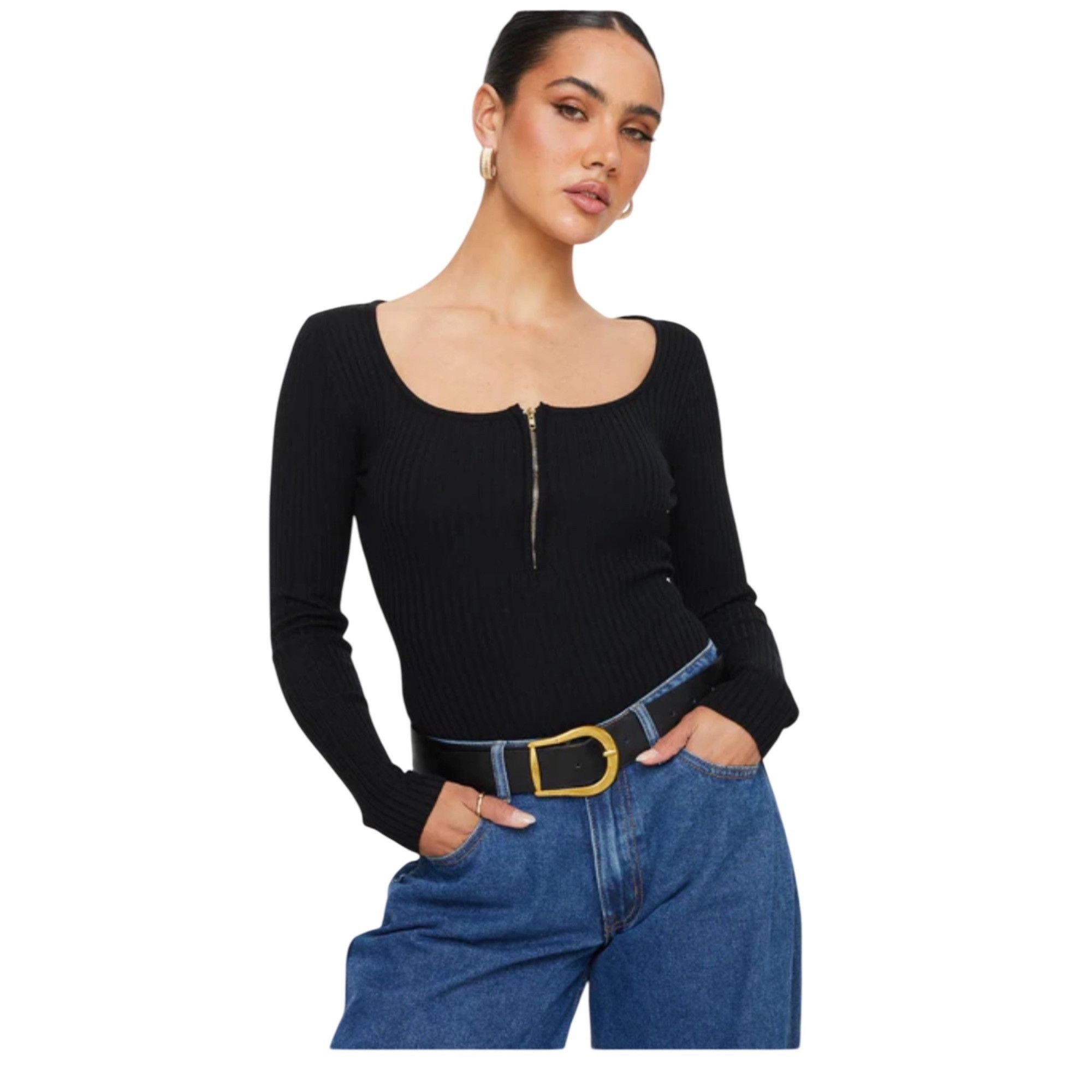 PRINCESS POLLY Princess Polly Ribbed Bodysuit Long Sleeve Black Size Large Size XL / US 12-14 / IT 48-50 - 1 Thumbnail