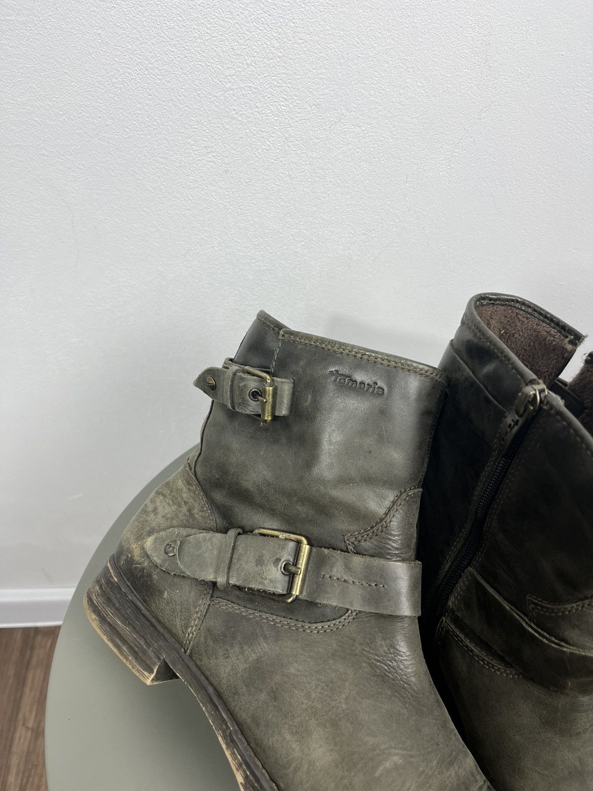 Other Distressed Leather Biker Ankle Boots Buckle Strap Zip EU 39 Size US 7 / IT 37 - 2 Thumbnail