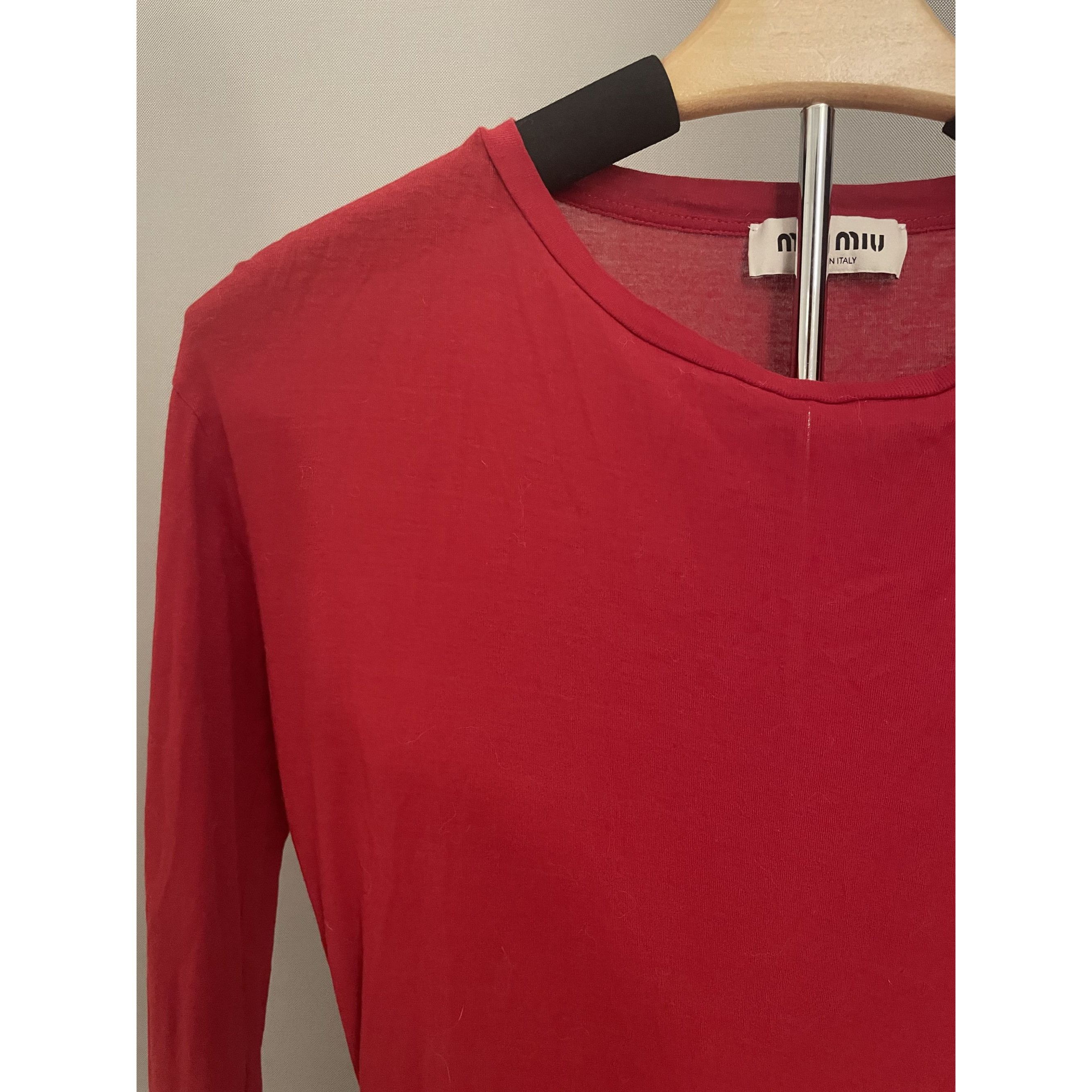 Miu Miu Miu Miu Womens Red Long-Sleeve Crewneck T-Shirt With Logo Pa Size S / US 4 / IT 40 - 4 Thumbnail