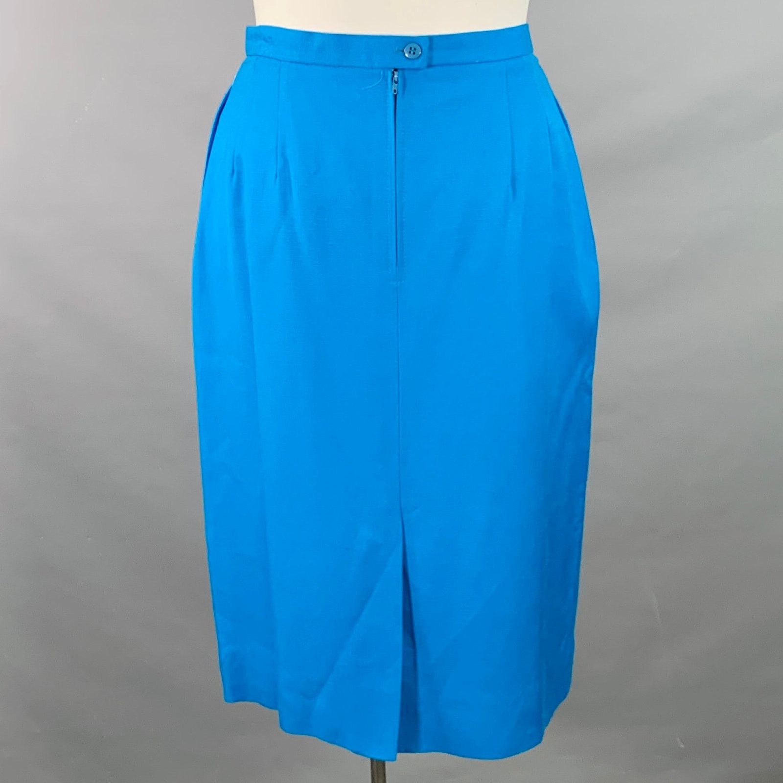 Vintage Size 10 Blue Turquoise Pleated Back Zipper Pencil Skirt Size 32" / US 10 / IT 46 - 2 Thumbnail