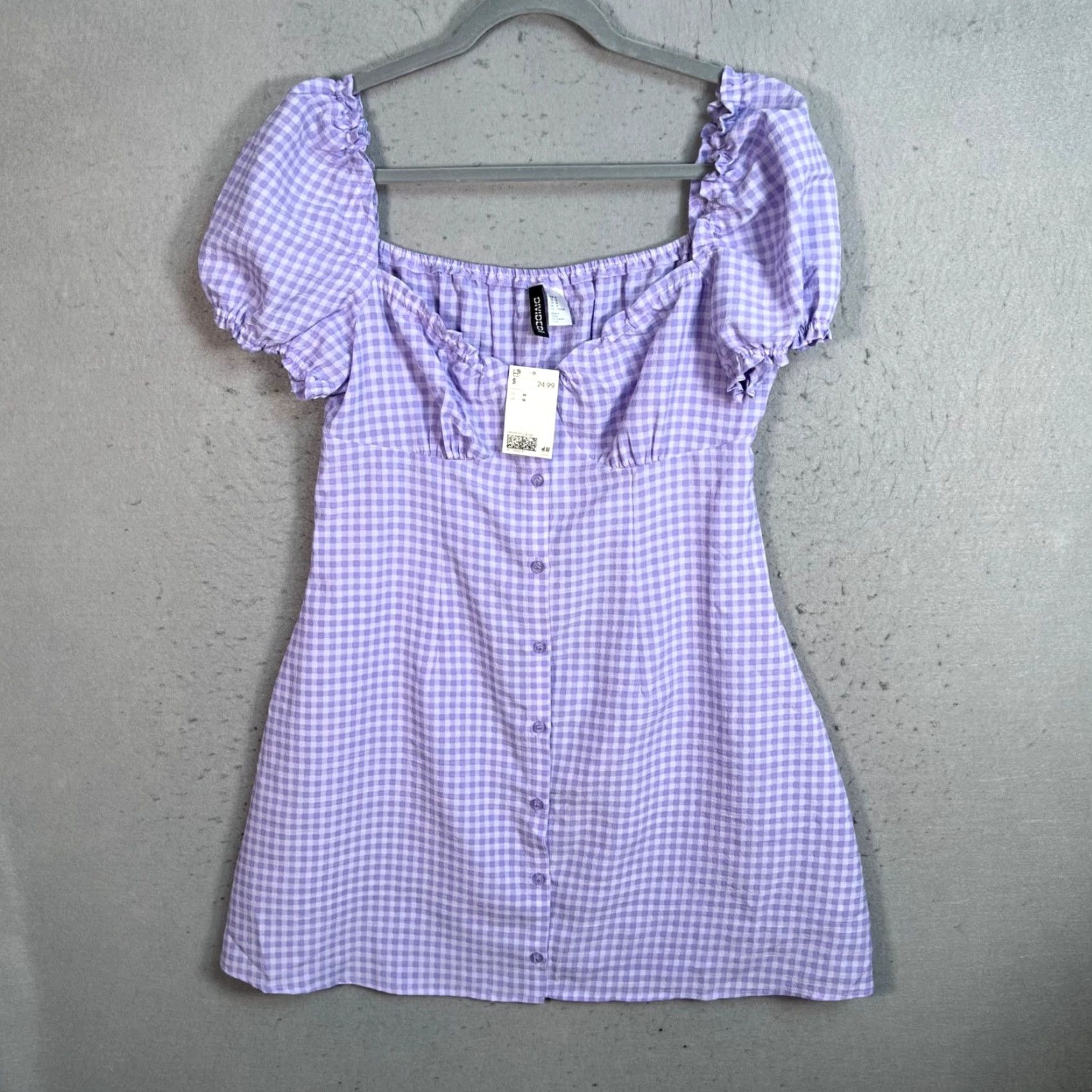 H&M VINTAGE H&M Devided Womens Purple Gingham Puff Sleeve Mini Dress W/ Button Front M Size M / US 6-8 / IT 42-44 - 2 Thumbnail