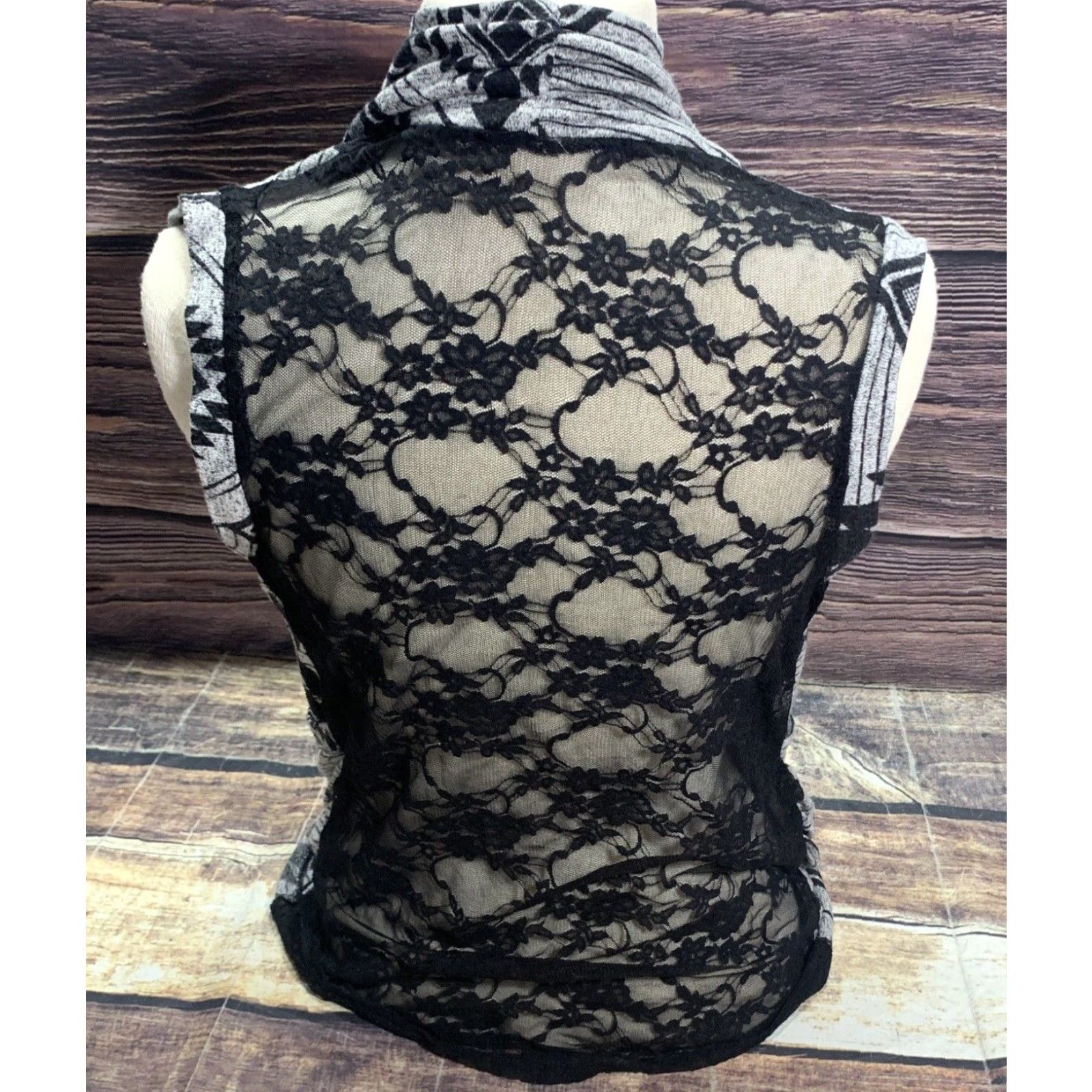 Vintage Womens Cardigan Sleeveless Open Knit Black Gray Lace Back Size Small 2 Pockets Size S / US 4 / IT 40 - 2 Thumbnail