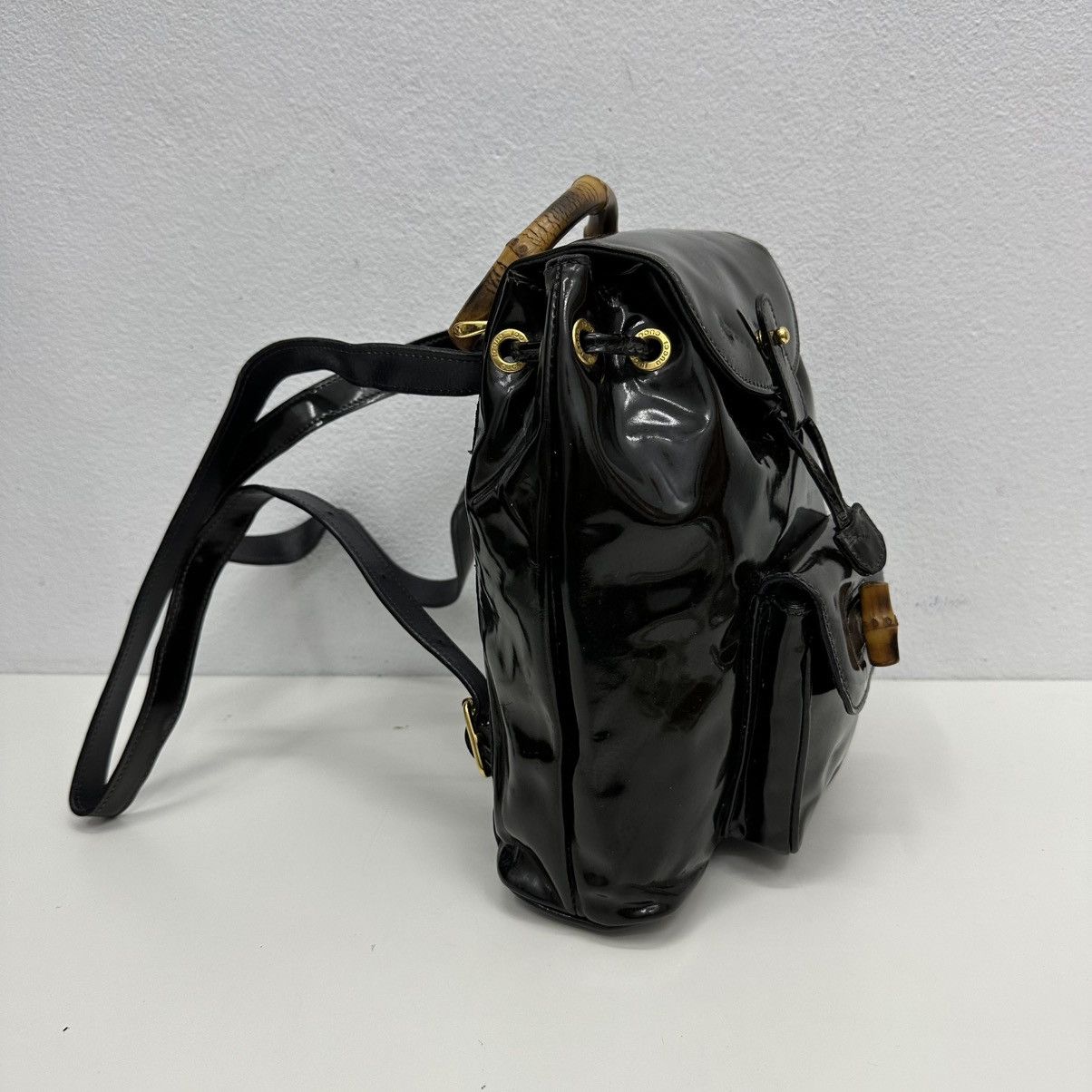 Vintage ‼️YES‼️ AUTHENTIC GUCCI BAMBOO BLACK PATENT LEATHER BACKPACK Size ONE SIZE - 3 Thumbnail