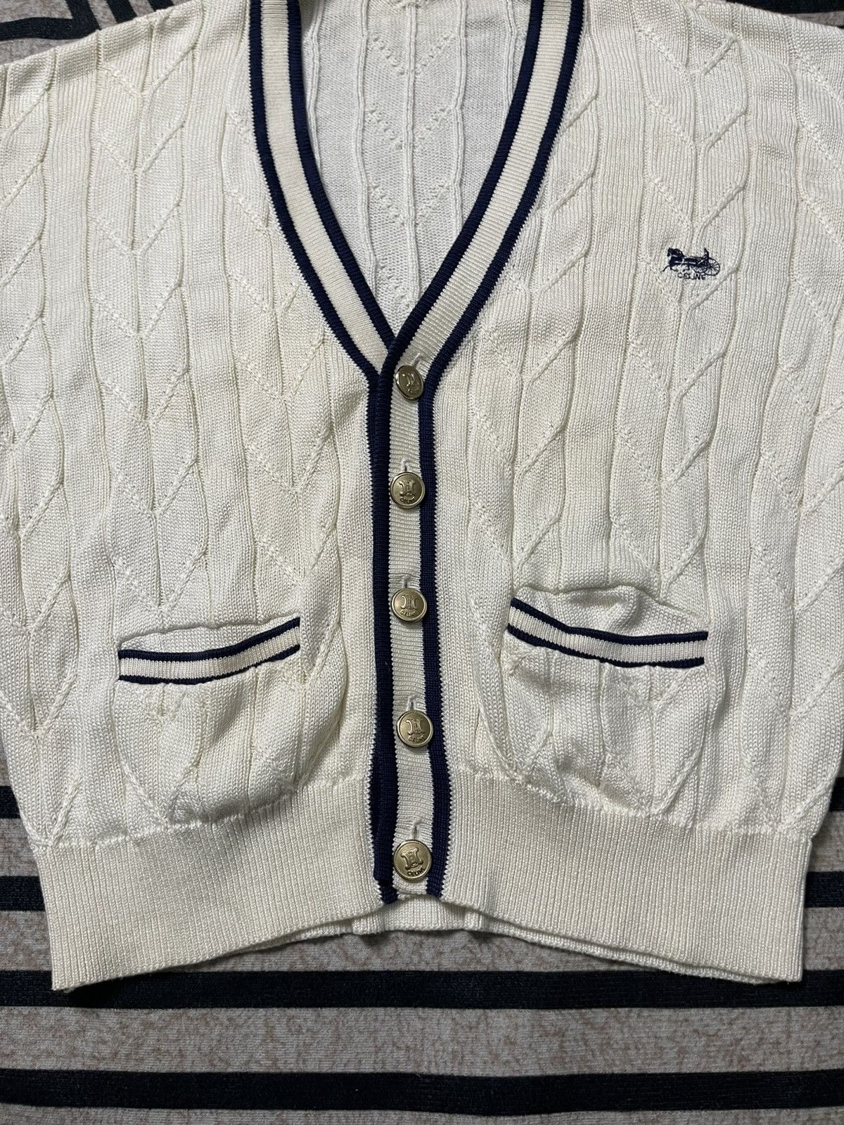 Celine 90s CELINE SULKY CARRIAGE EMBROIDERED GOLD BUTTON CARDIGAN Size US L / EU 52-54 / 3 - 5 Thumbnail