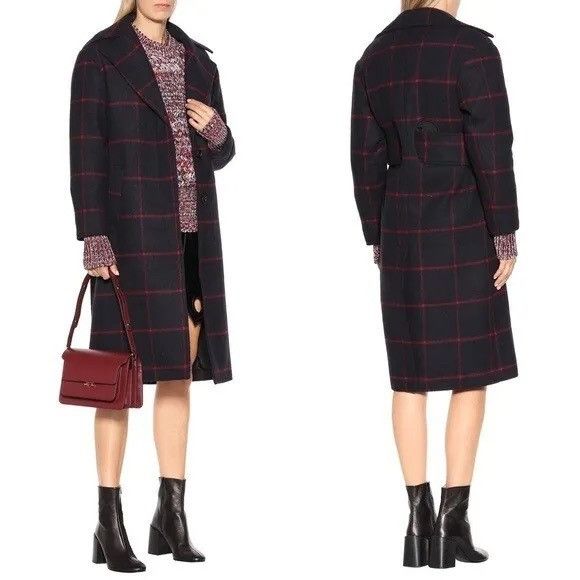image of Self Portrait Self-Portrait Check Plaid Wool Trench Runway Coat Small S in Navy Red, Women's