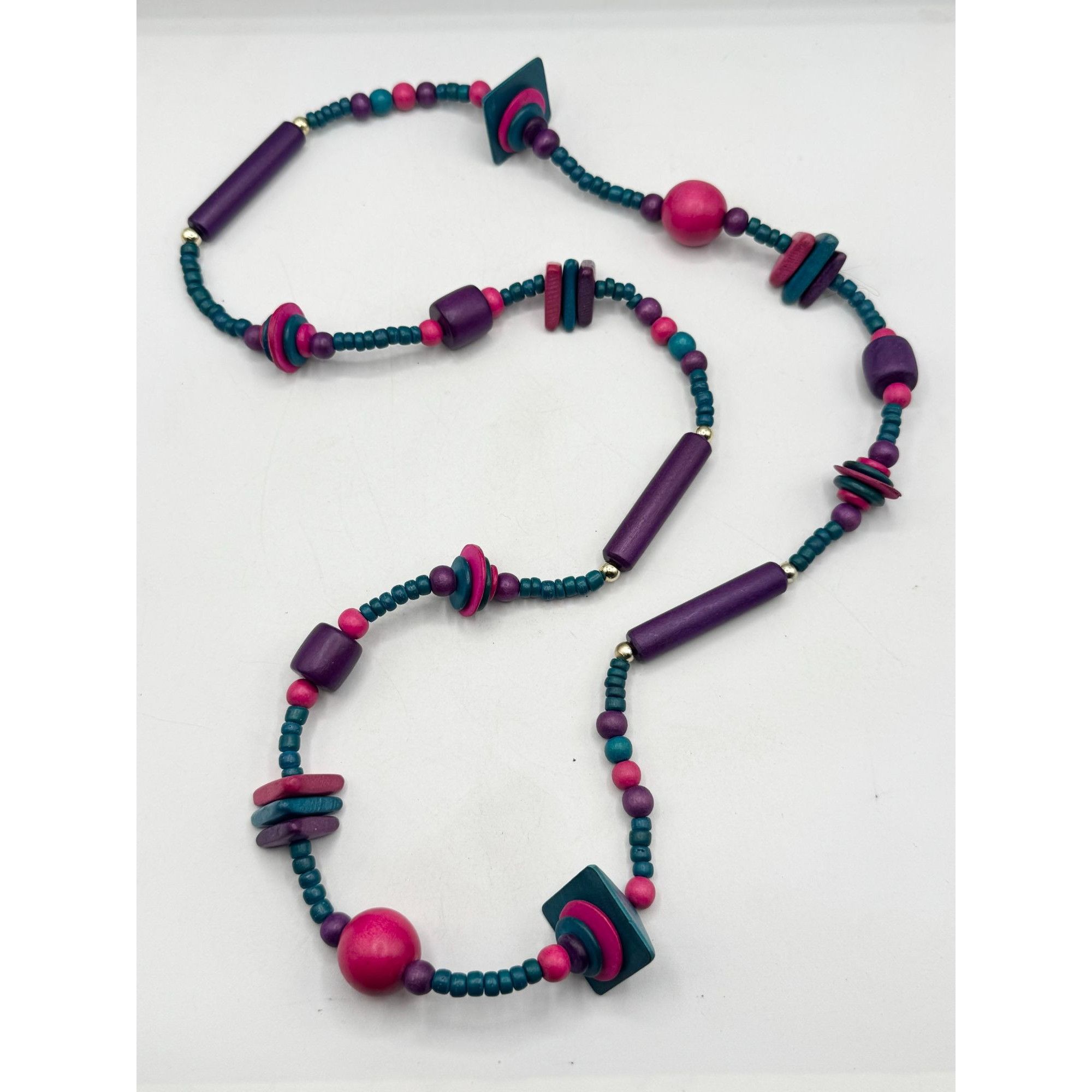 Vintage Vintage 80s Wood Wooden Long Geometric Disc Beaded Necklace Size ONE SIZE - 3 Thumbnail