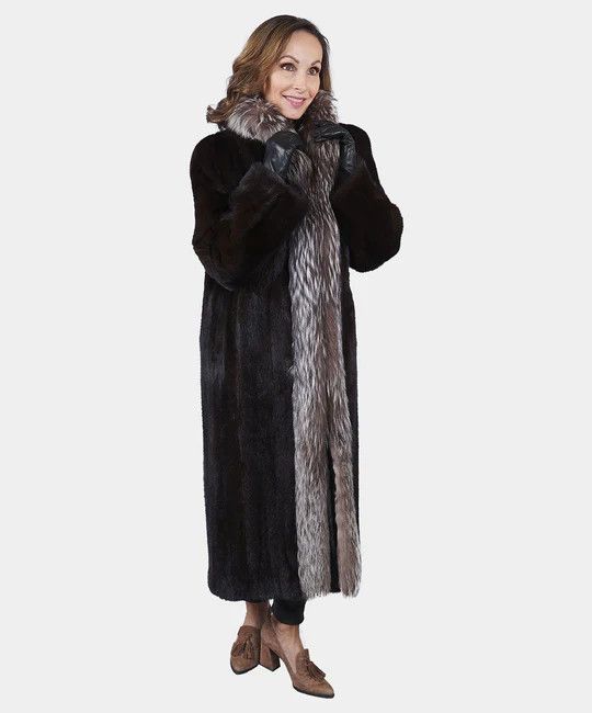 image of Women's Black Mink Fur Coat With Silver Fox
