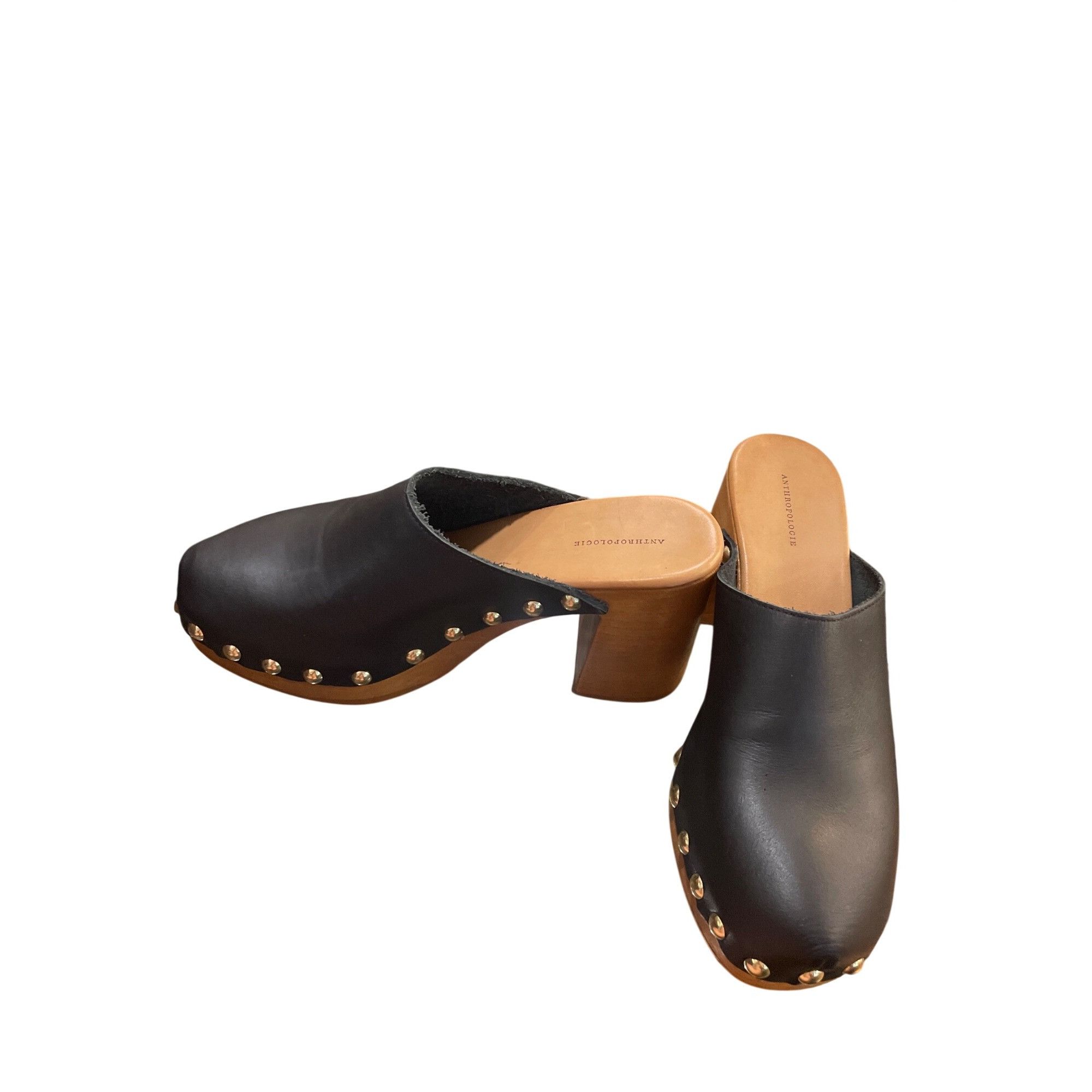 Anthropologie Anthropologie wms black leather 3.5" block heeled clogs shoe Size US 9.5 / IT 39.5 - 2 Thumbnail