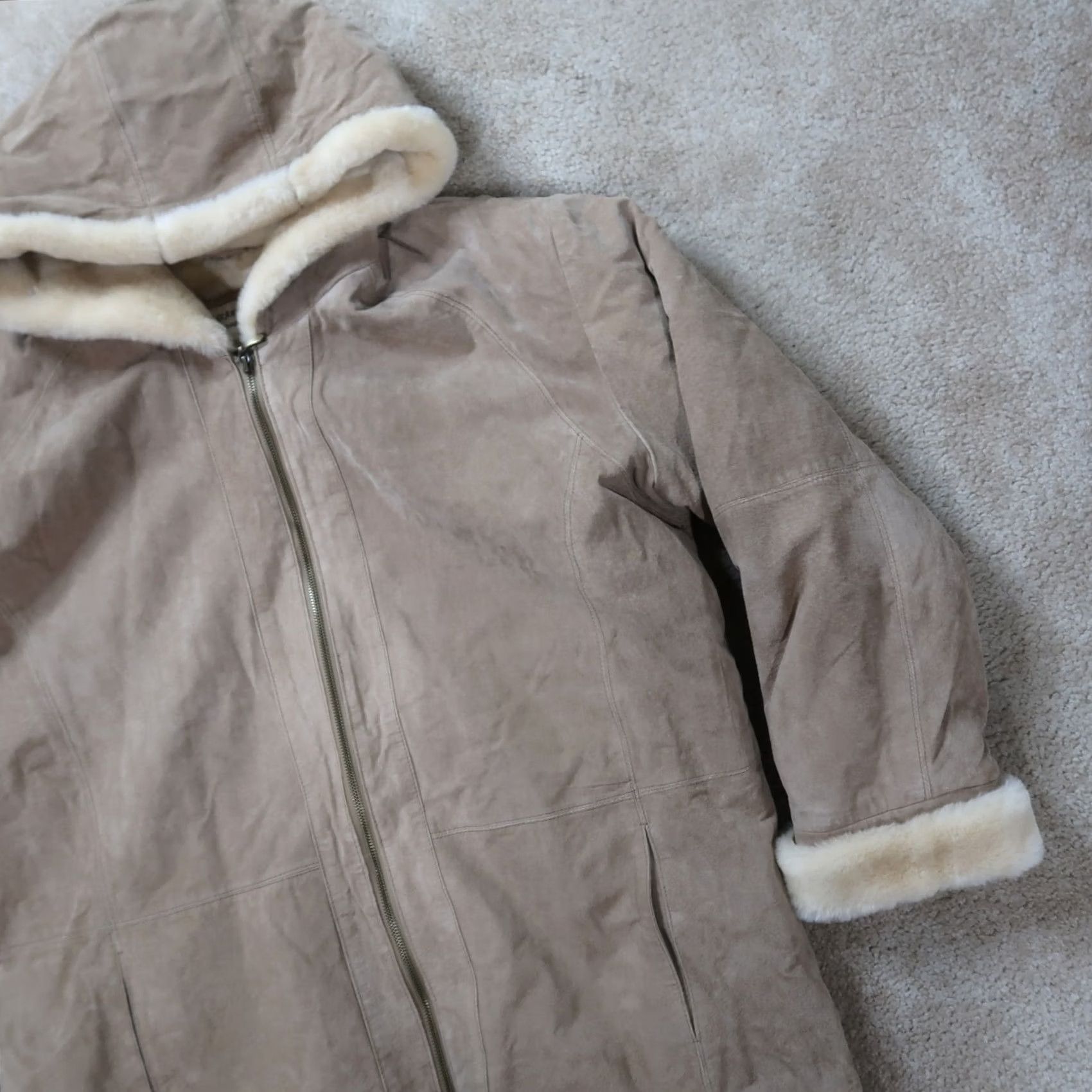 Vintage St Johns Bay Coat Jacket Womens Large Tan Suede Leather Washable Lined Zip Hooded Mid-Length Size L / US 10 / IT 46 - 3 Thumbnail