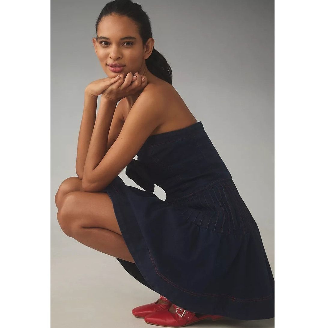 Anthropologie NWT Maeve Rosette Strapless Fit & Flare Denim Mini Dress Size XS / US 0-2 / IT 36-38 - 5 Thumbnail